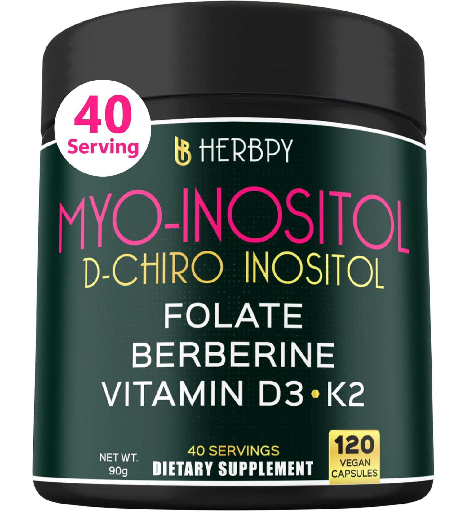 Herbpy 6in1 Premium 40:1 Myo-Inositol & D-Chiro Inositol Supplement for Women with Folate Berberine HCl 97% Vitamin D3 & K2 - Hormonal Balance & Ovarian Health Support- 120 Vegan Capsules - Buy Online on GoSupps.com