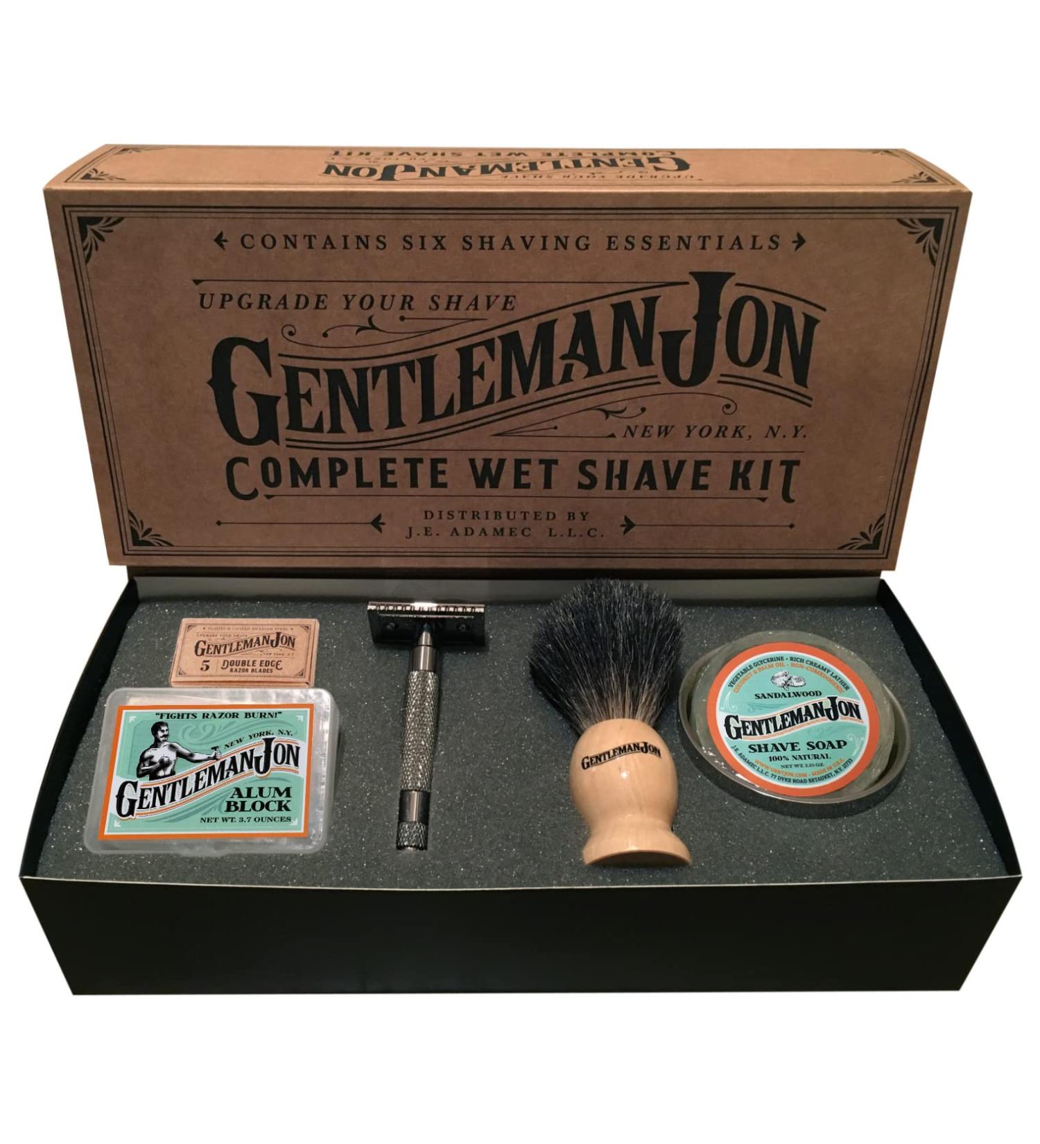 Gentleman Jon Complete Wet Shave Kit - Safety Razor, Badger Hair Brush, Alum Block, Shave Soap, Stainless Steel Bowl, 5 Blades - Buy Online on GoSupps.com