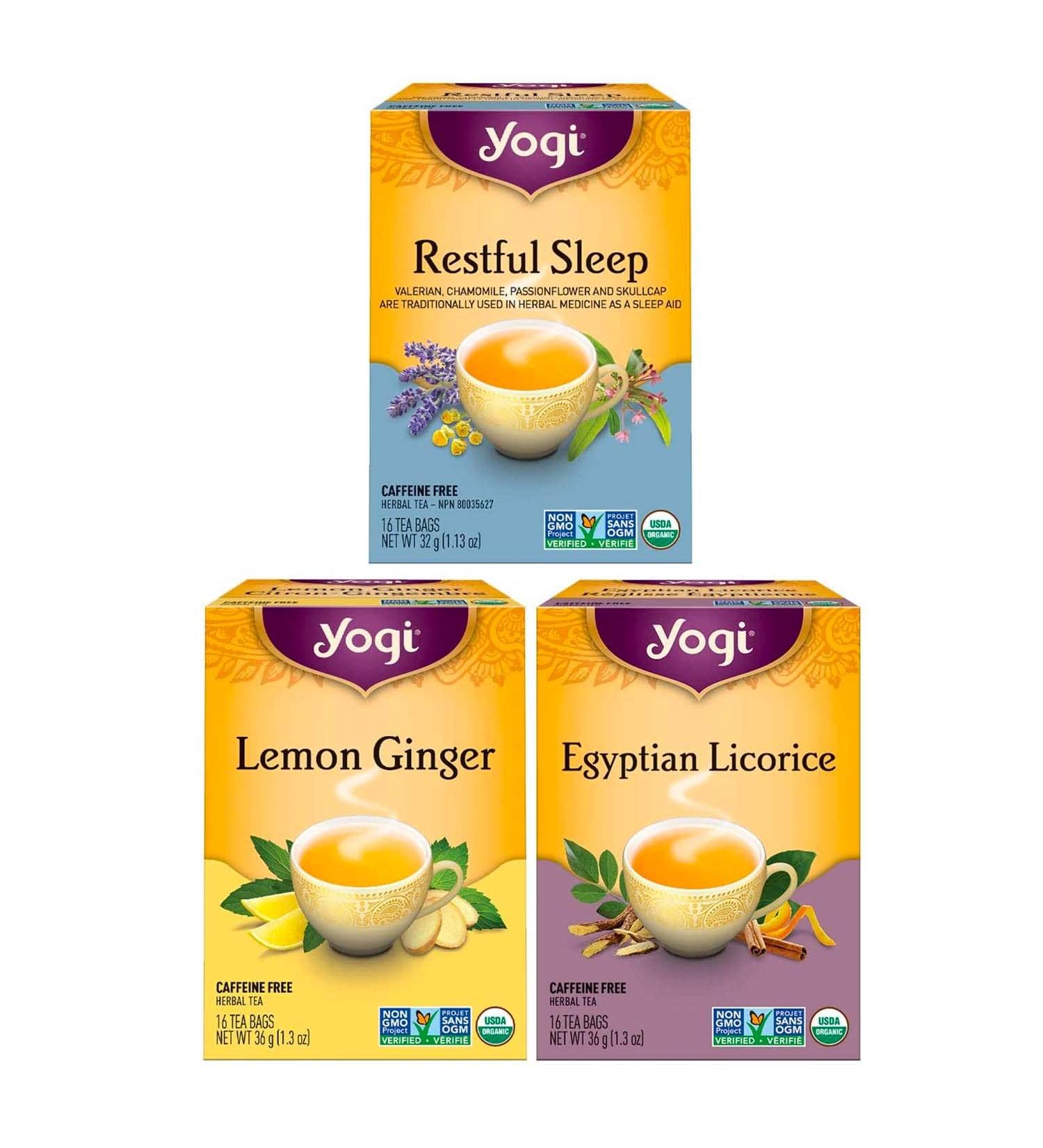 Yogi Tea - Canada Herbal Tea Variety Pack Sampler (3 Pack) - Includes Yogi Restful Sleep Tea Yogi Egyptian Licorice Tea and Yogi Lemon Ginger Tea - Caffeine Free Organic Herbal Tea - 48 Tea Bags - Buy Online on GoSupps.com