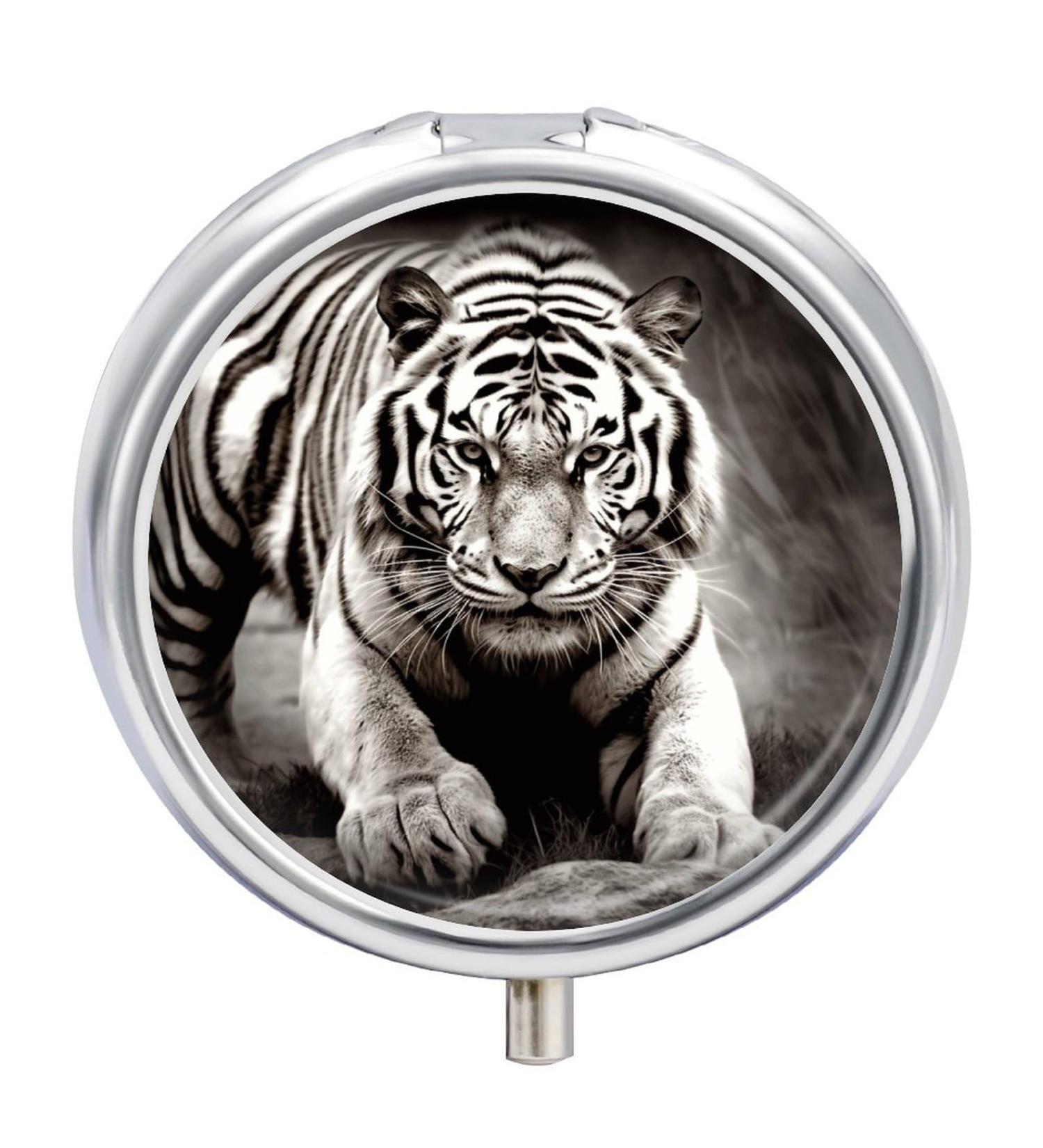 Round Black and White Tiger Print Pill Box - 3 Compartment Portable Organizer | Decorative Metal Pocket Pill Case - Buy Online on GoSupps.com