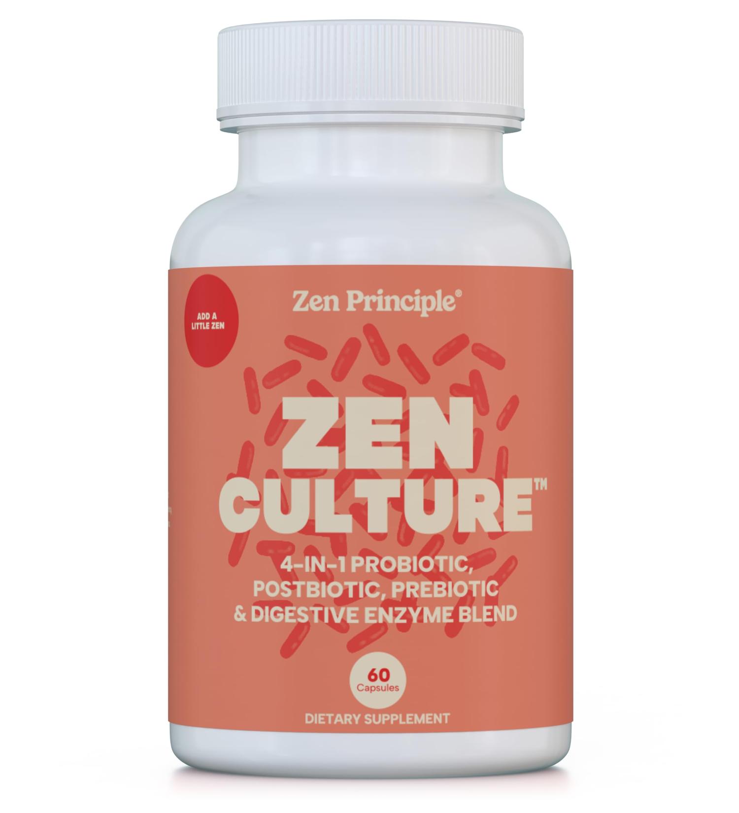 Zen Principle Zenculture 4-in-1 Synbiotic Supplement (Probiotic + Prebiotic + Postbiotic + Digestive Enzymes) with CoreBiome . Anti Bloating Immune & Brain-Gut Health. 60 Capsules - Buy Online on GoSupps.com