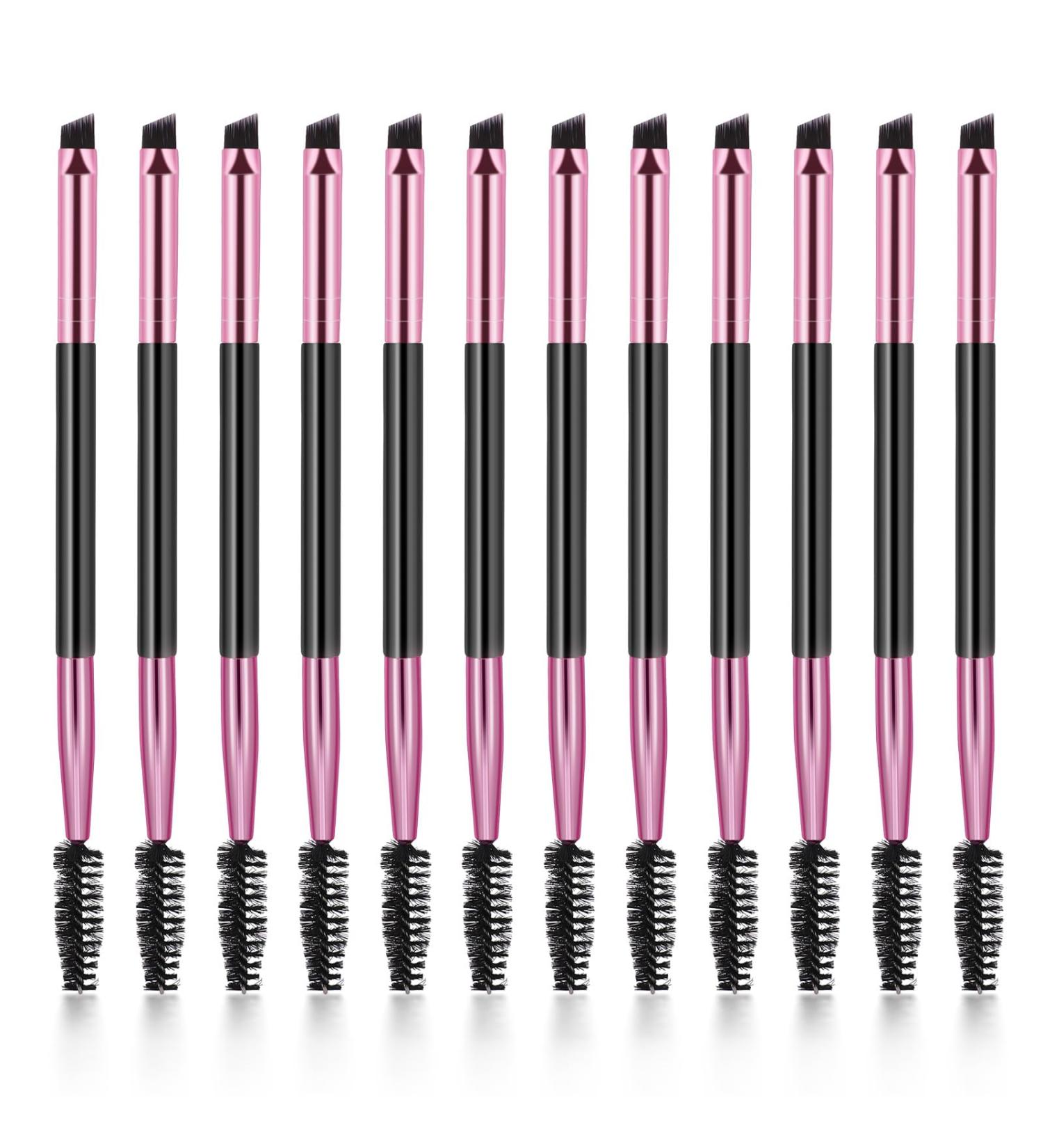 12-Piece Dual-Ended Eyebrow Brush Set - Precision Shaping & Filling with Spoolie Brush - Black Handle & Pink Tube - International Shipping - Buy Online on GoSupps.com