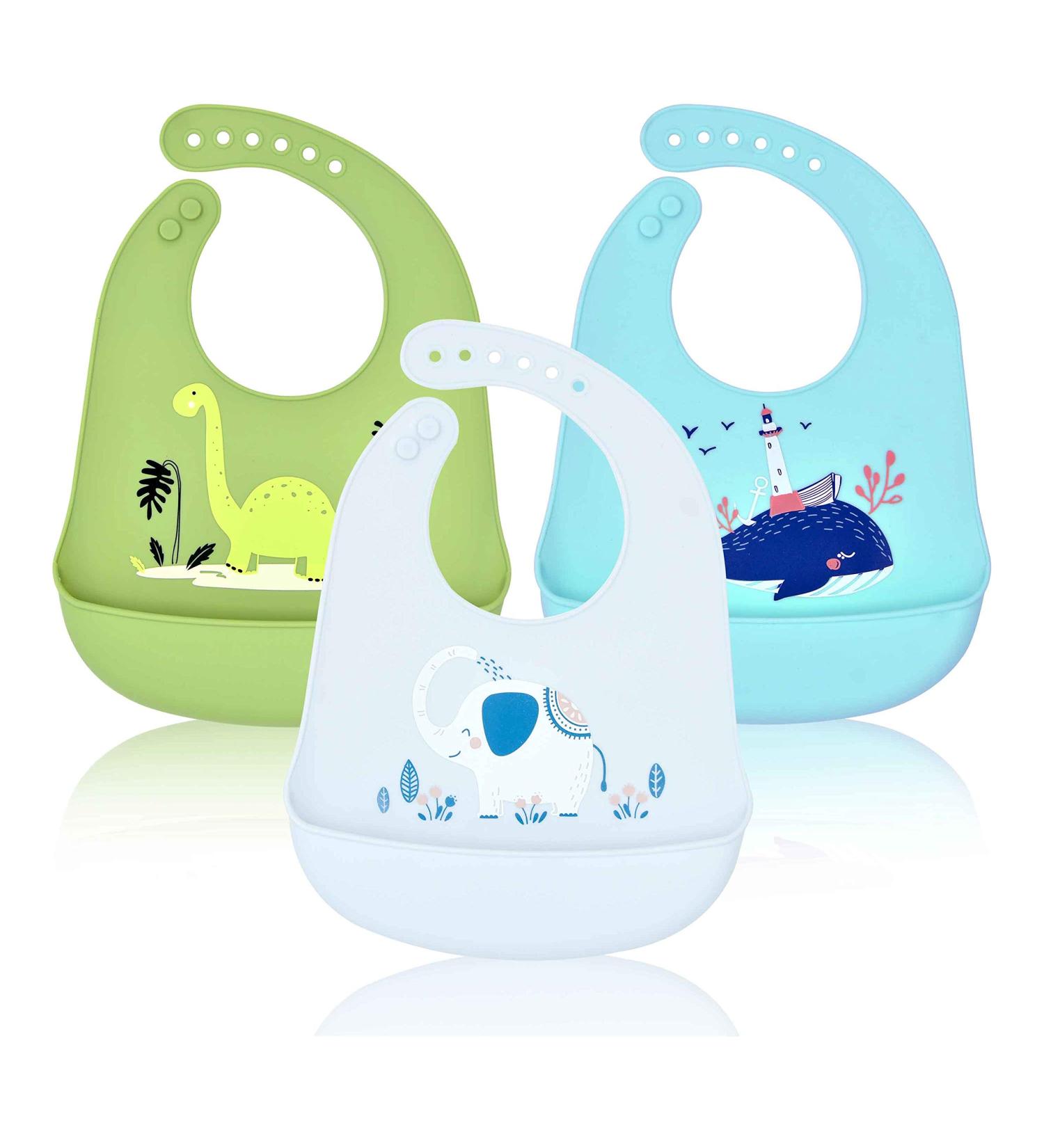 Baogaier Silicone Baby Bibs Set - Waterproof Toddler Weaning Bibs with Crumb Catcher Pocket, Animal Print, Easy Clean - Pack of 3 for Babies 6 Months and Up (Green/Blue/Grey) - Buy Online on GoSupps.com