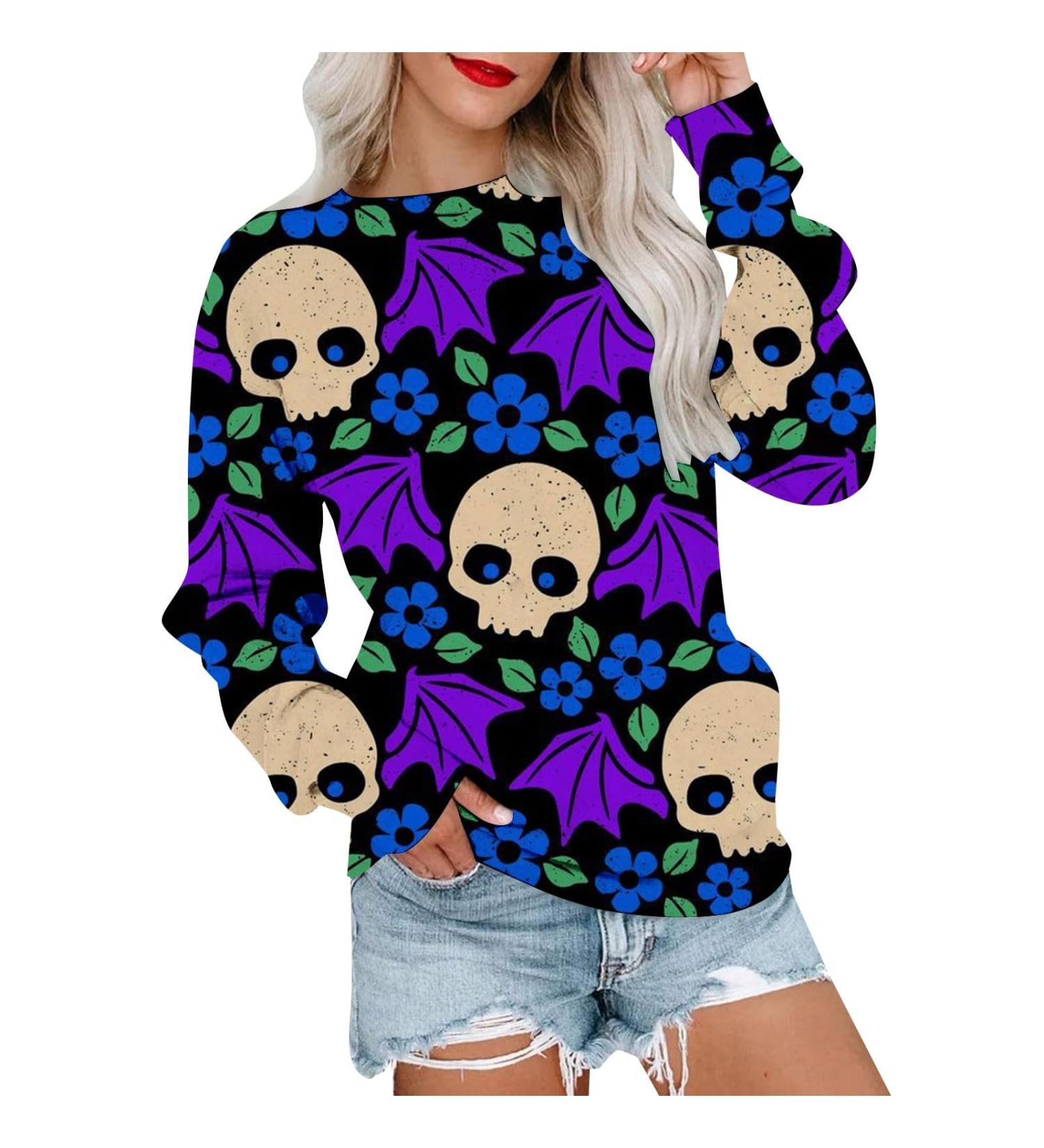Halloween Costumes Halloween Print Round Neck Casual Sweater Casual Fashion for Women Dark Blue Small - Buy Online on GoSupps.com