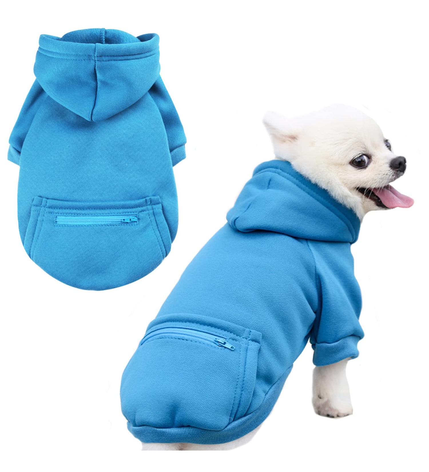 Blue Dog Hoodie Sweater for Small Pets | Warm Fleece Sweatshirt with Pocket for Winter | Chihuahua, Yorkies, French Bulldog Outfits | Size L (7-10 lbs) - Buy Online on GoSupps.com