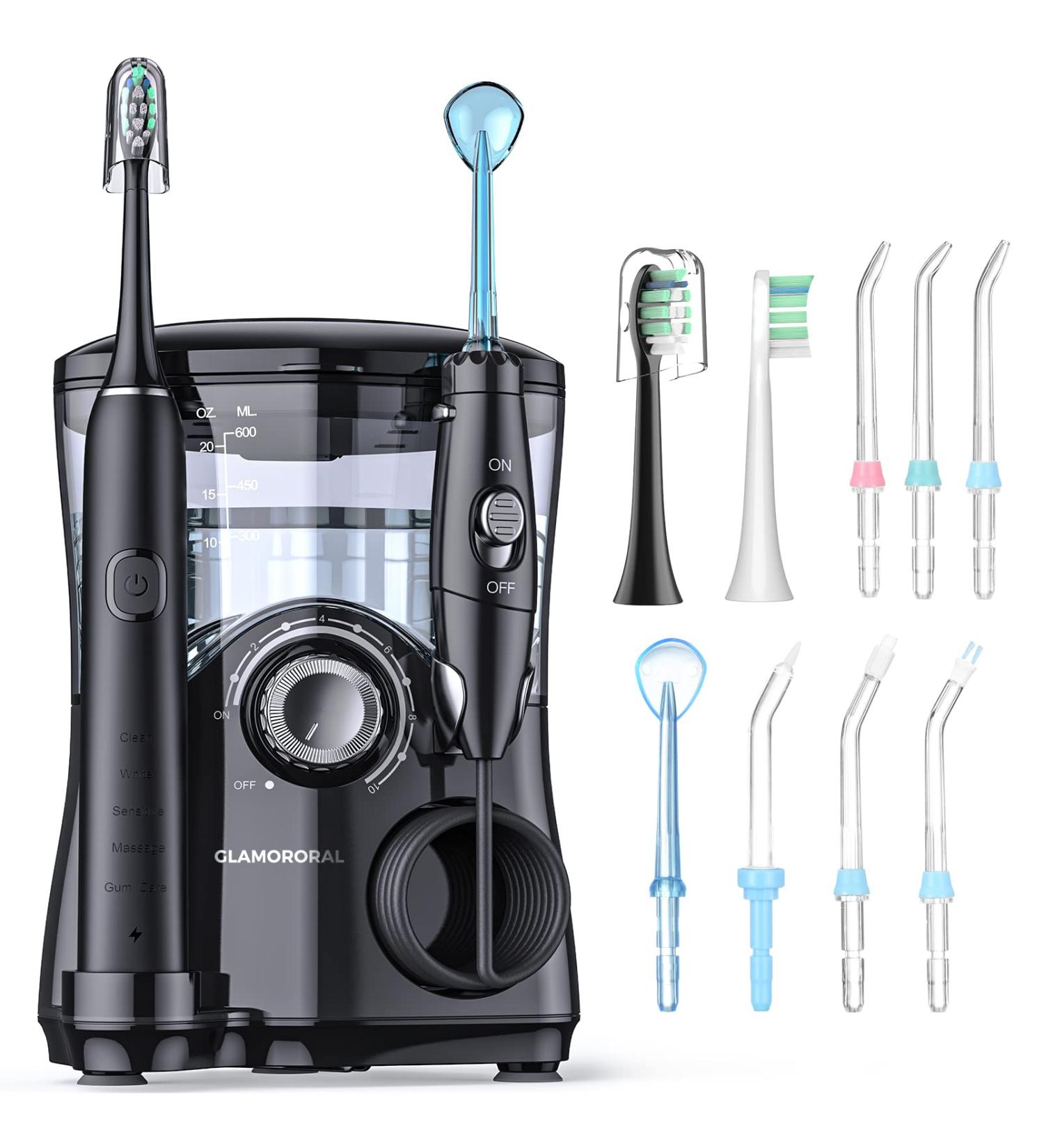 Water Flosser & Electric Toothbrush Combo | 600ml Oral Irrigator | 7 Jet Tips | Whitening Brush Heads | Dental Water Flosser for Braces | White Black - Buy Online on GoSupps.com