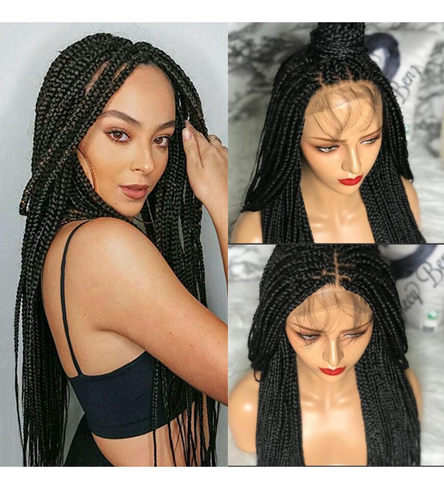 Long 28 Braided Wig with Free Part and Swiss Lace Front for Black Women - Lightweight Synthetic Twist Braids - 28 Inch Black Color - Buy Online on GoSupps.com