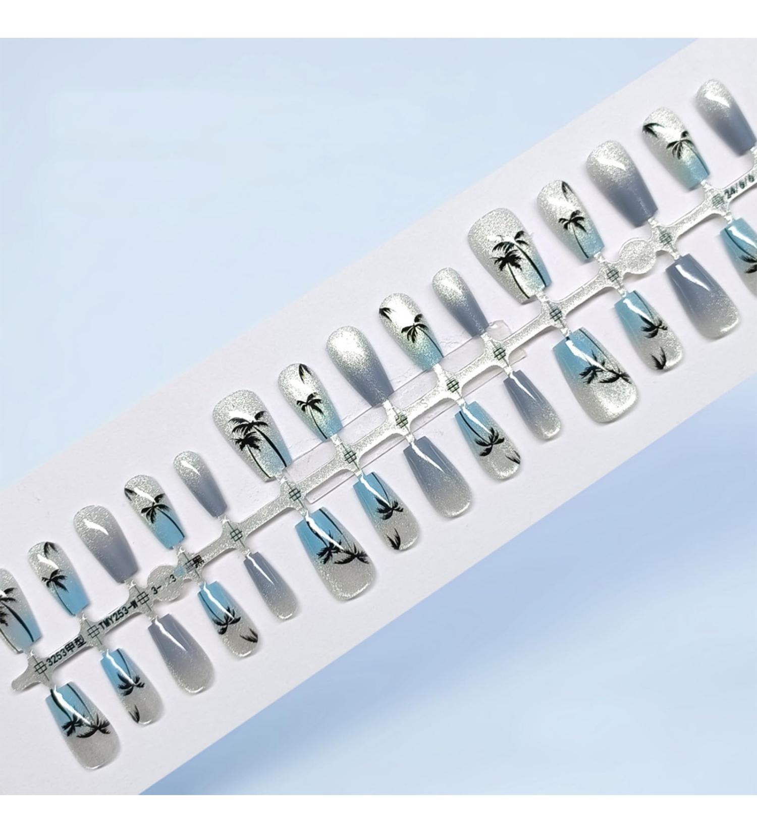 Summer Beach Cat Eye Press-On Nails - 30pcs Glossy Blue Gradient Acrylic - Short Coffin Style for DIY Manicure - Coquette Women & Girls - Buy Online on GoSupps.com