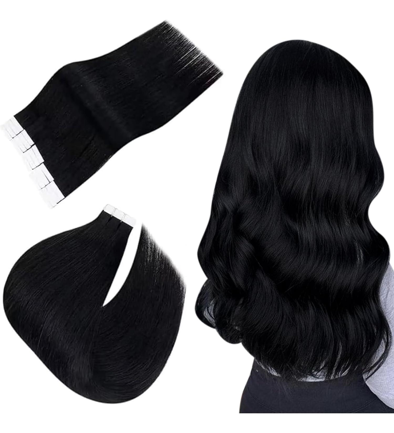 Easyouth Jet Black Tape in Human Hair Extensions - 18 Inch, 40g, 20pcs Seamless Glue in Real Hair for Women - Buy Online on GoSupps.com