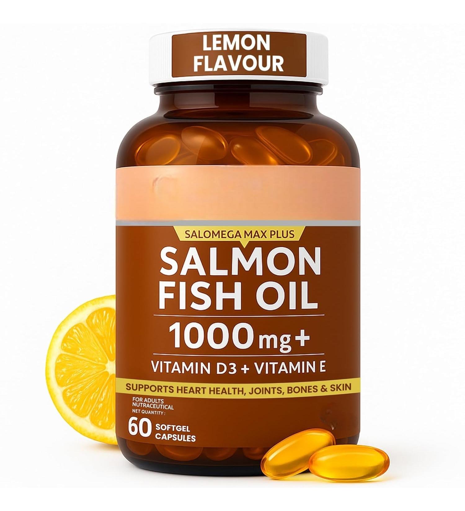 Salmon Fish Oil 1000mg Softgel Capsules with Vitamin D3 & Vitamin E | Omega-3 Supplement for Heart Joint Bone & Skin Health | Lemon Flavour | 60 Capsules - Buy Online on GoSupps.com
