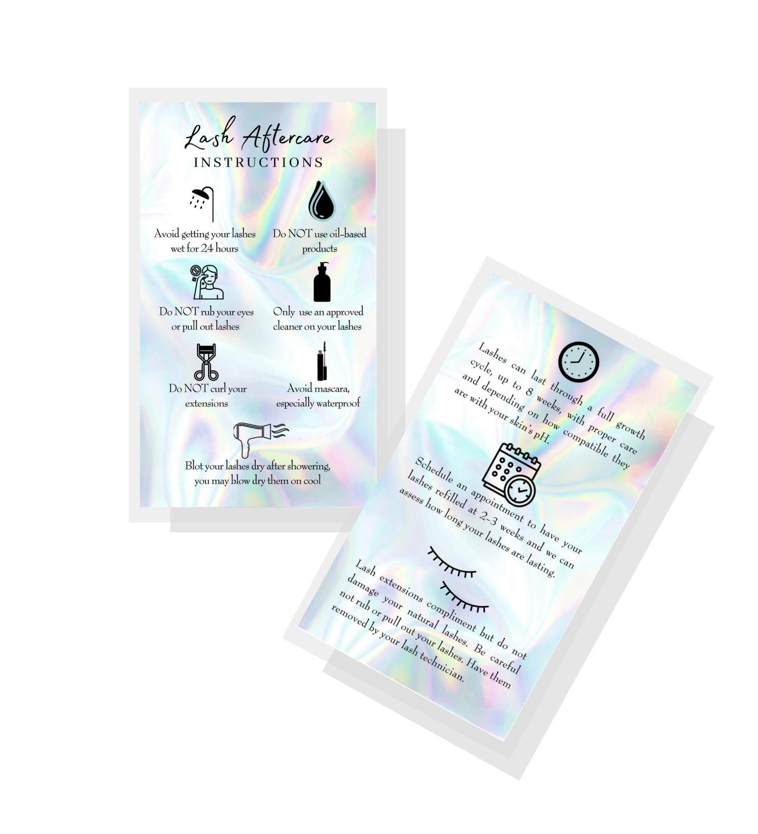 Lash Extension Aftercare Cards 50 Pack | 3.5x2 Business Card Size | Non-Reflective Matte Rainbow Holographic Design | After Care for 2-3 Week Fillers - Buy Online on GoSupps.com