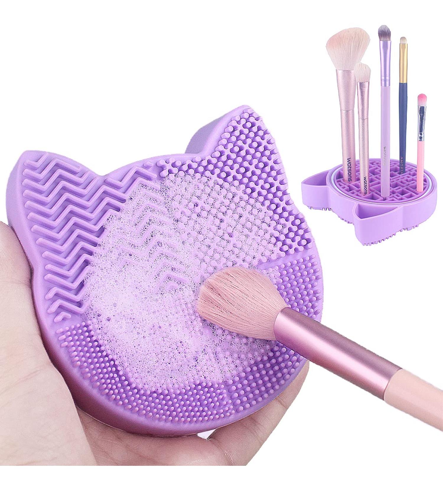 2 in 1 Cat Shaped Makeup Brush Cleaning Mat & Holder - Purple | Portable Silicone Brush Cleaner Pad & Organizer Rack for Makeup Brushes - Buy Online on GoSupps.com