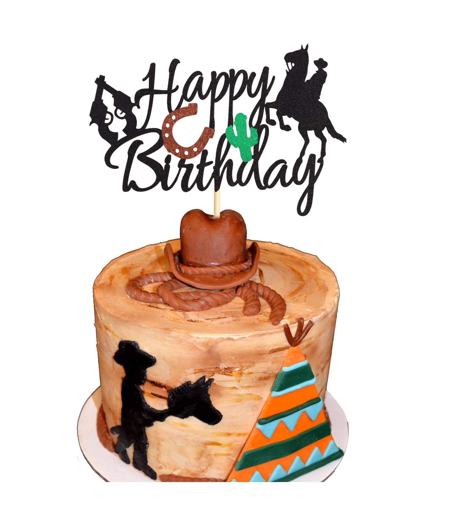Arthsdite Cowboy Happy Birthday Cake Topper Little Cowboy Cake Topper Boot Shooting Western Theme Cake Decorations Black Glitter Decors for Kids Boy Men Birthday Party Supplies - Buy Online on GoSupps.com