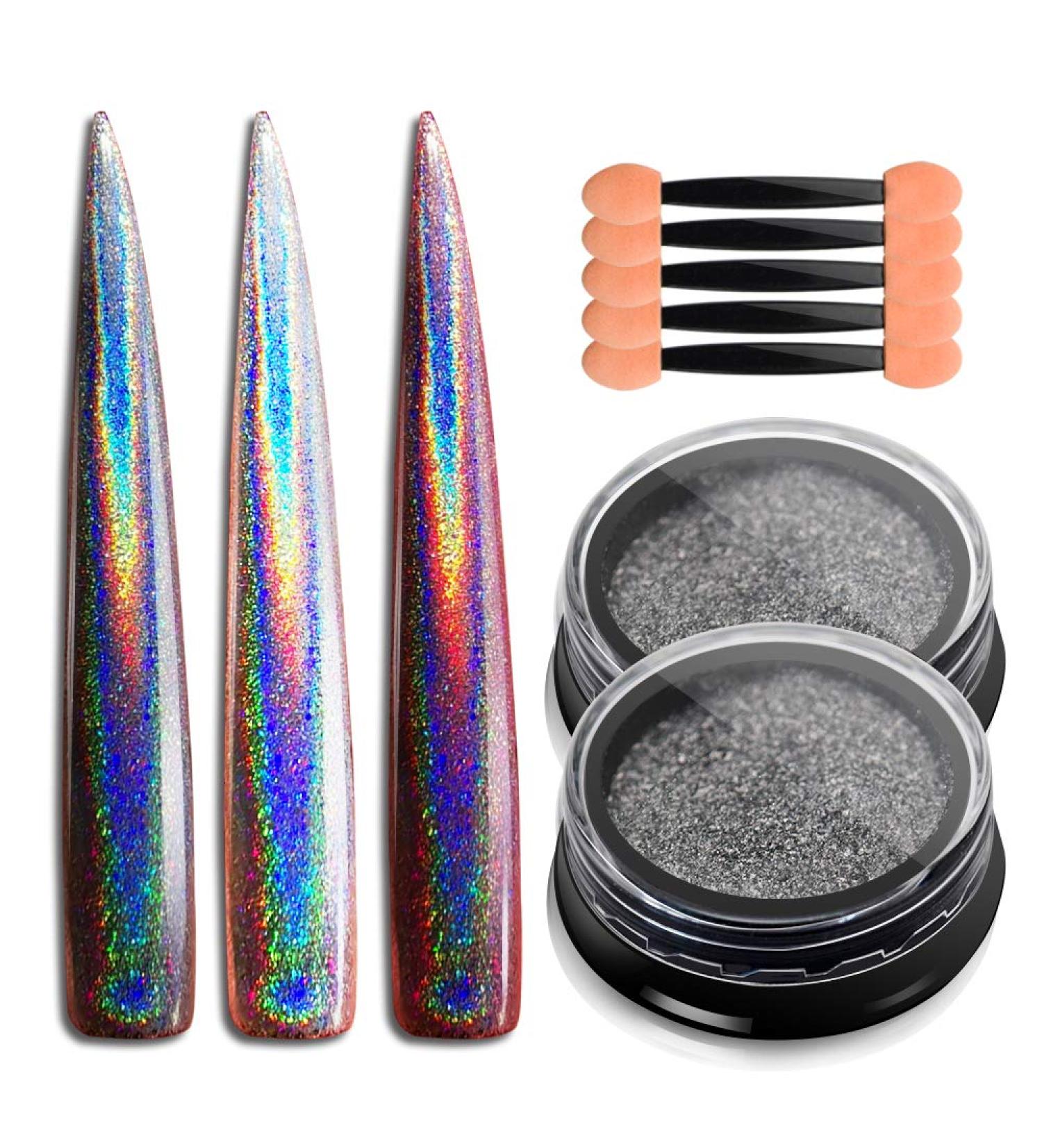 Holographic Nail Powder Set - Unicorn Chrome Glitter Dust with Sponge Applicators, Mirror Effect Rainbow Pigment Silver Powder for Holographic Nail Polish (0.04oz/1g) - Buy Online on GoSupps.com