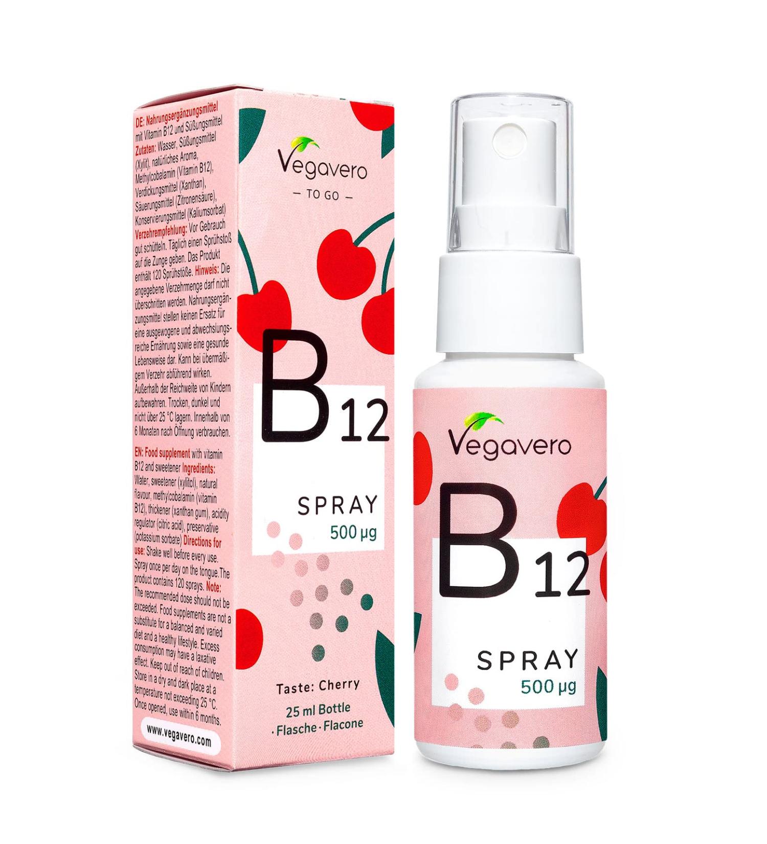 Vitamin B12 Spray Vegavero | 500 g Methylcobalamin | Sugar-Free Alcohol-Free | Vegan Cherry Flavor | 25 ml (210 Portions) - Buy Online on GoSupps.com