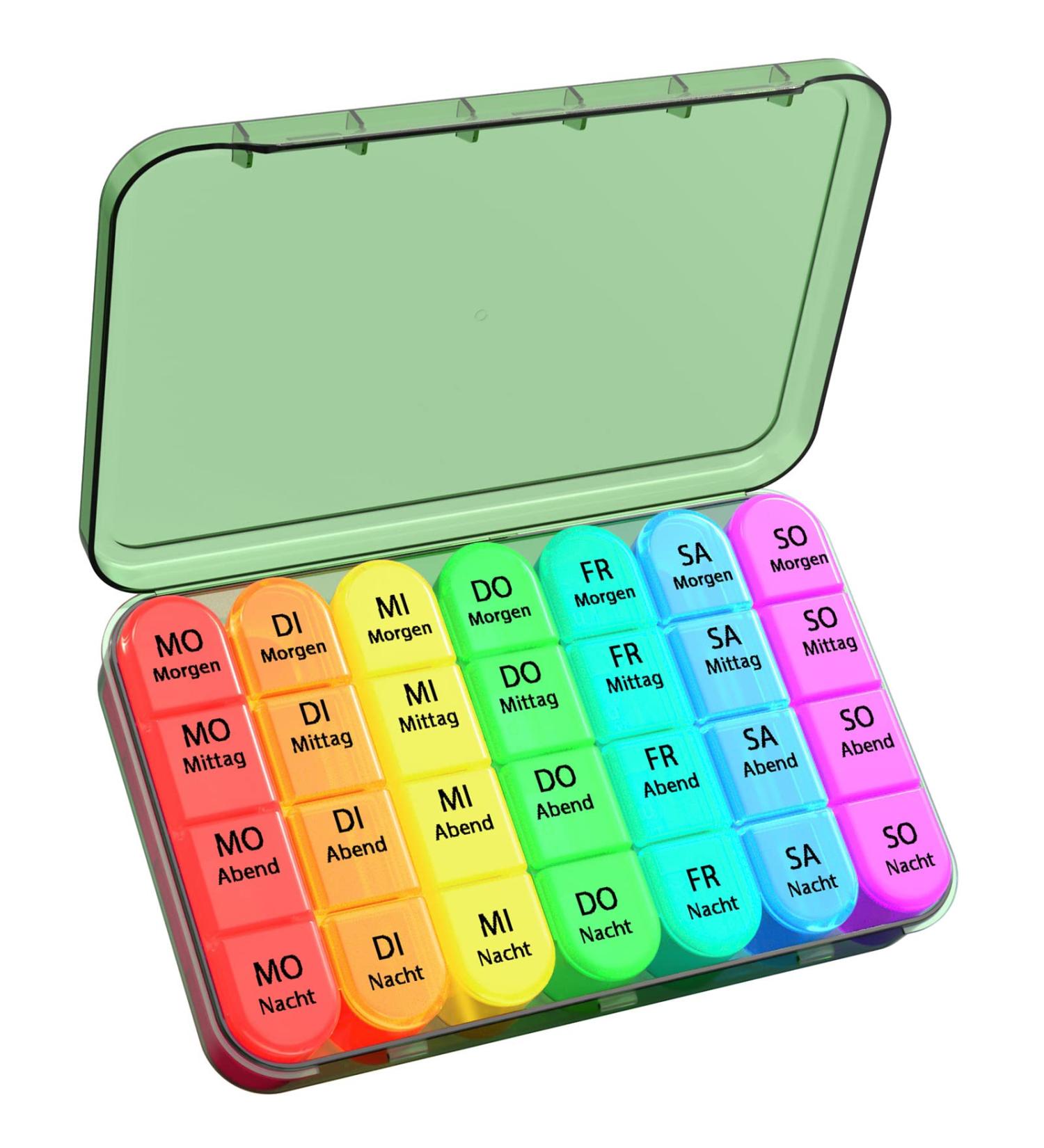 7-Day Pill Box with 4 Compartments - Large Weekly Medication Organizer (Olive Green) for Evening and Night Use | International Shipping Available - Buy Online on GoSupps.com