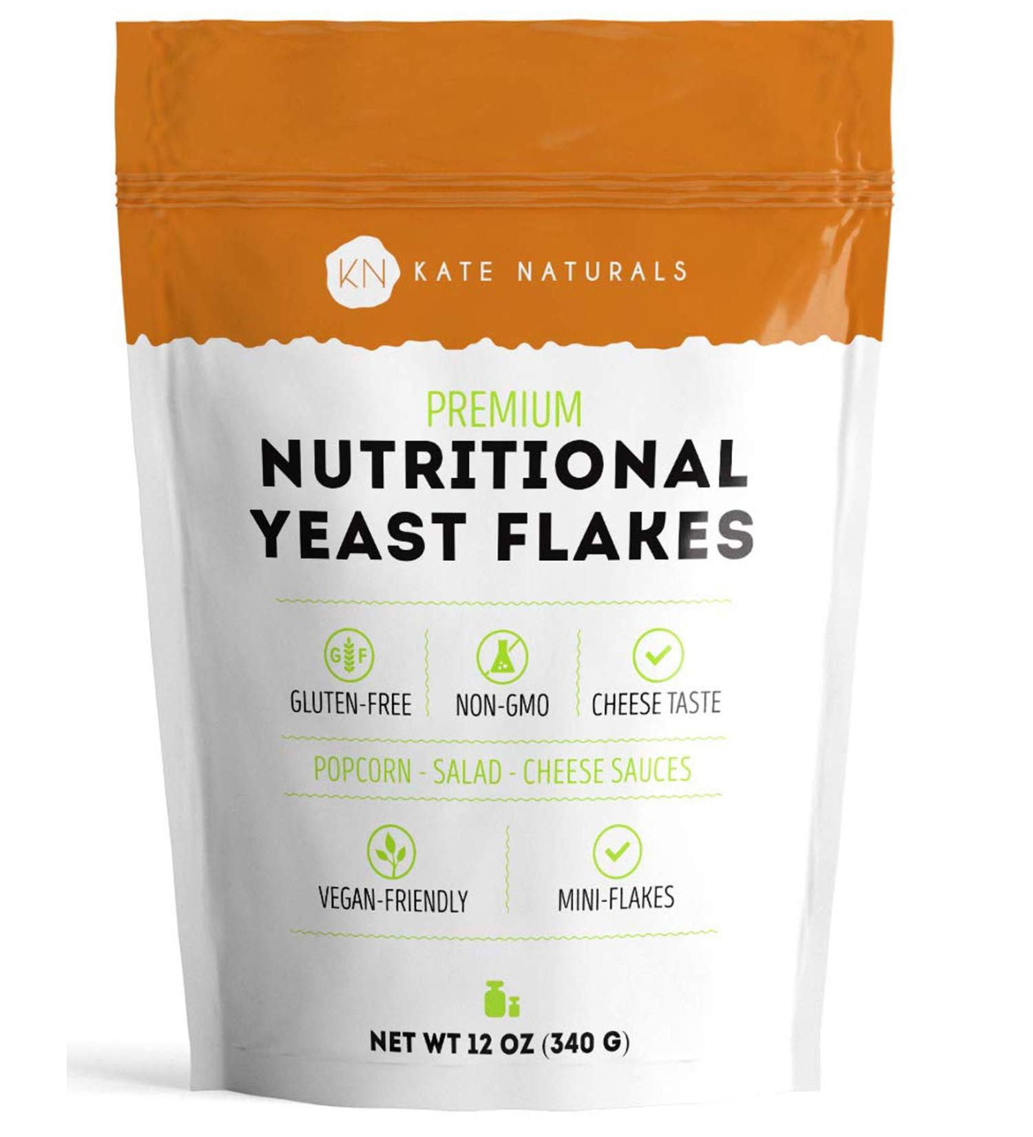 Kate Naturals Nutritional Yeast Flakes 12oz - Vegan Cheese Powder Substitute, Seasoning - Gluten-Free, Non-GMO, Amino Acids - Buy Online on GoSupps.com