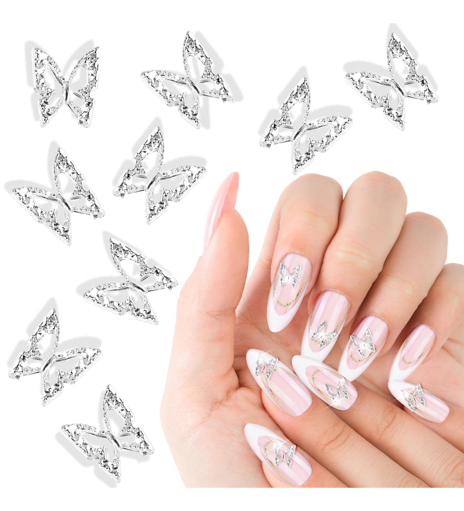Lusofie 100 Pcs Silver Butterfly Nail Charms - 3D Butterflies Shape Gems for Women and Girls - DIY Nail Art Decoration - Buy Online on GoSupps.com