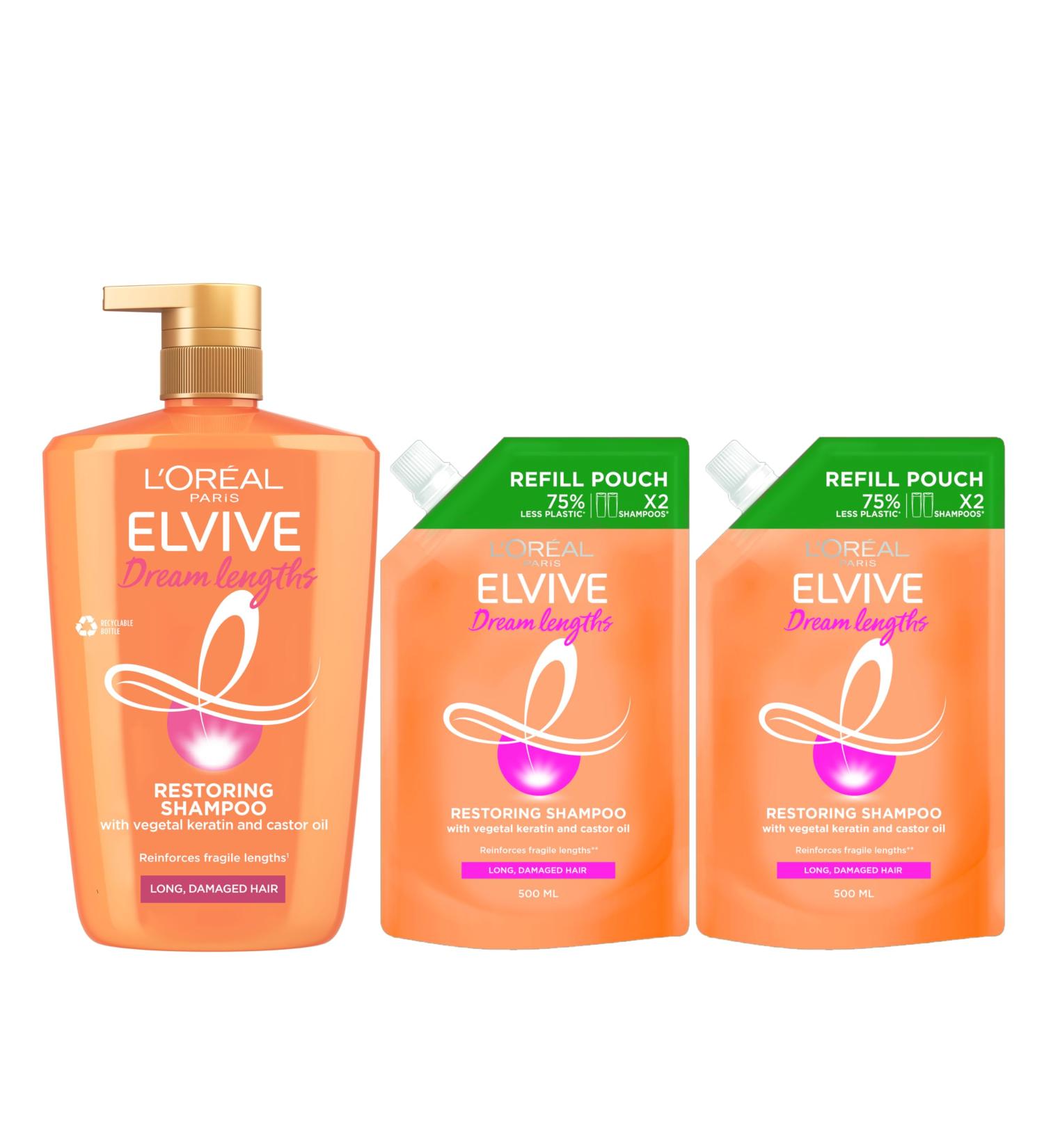 L Or al Paris Elvive Dream Lengths Shampoo XL 1L with 2x Refill Pouches 500ml for Long Damaged Hair Nourishing & Strengthening to Prevent Hair Breakage Enriched with Castor Oil - Buy Online on GoSupps.com