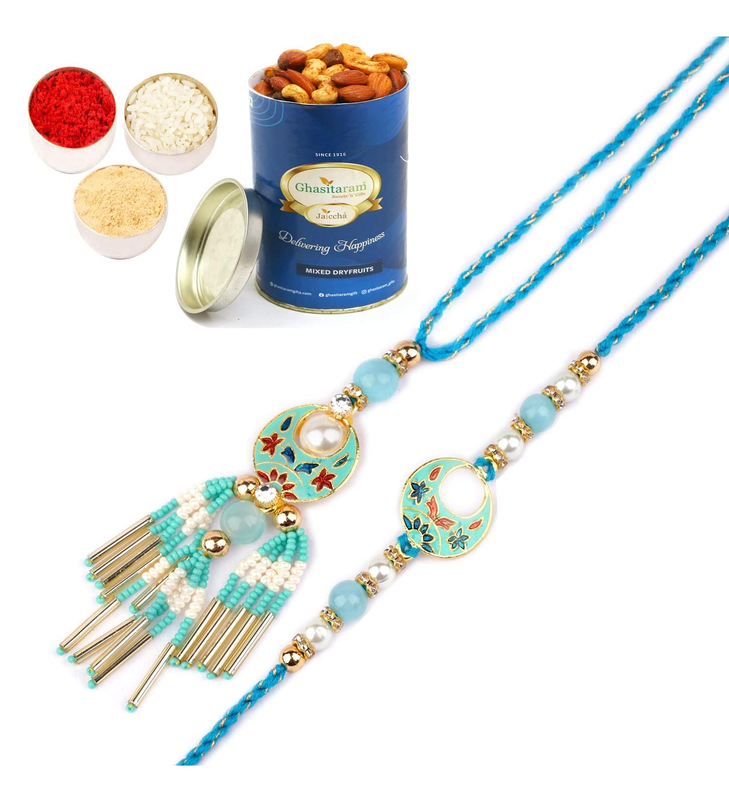 Ghasitaram Gifts Rakhis Online - Rakhi for Brother- RM-211 Bhaiya Bhabhi Rakhi with 100 GMS of Dryfruits Mix Can Rakhi Set with 100 gms of Dryfruits Mix Can - Buy Online on GoSupps.com