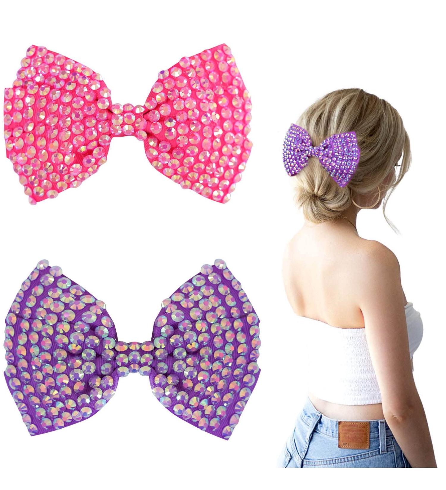 2PCS Rhinestone Hair Bows for Women Girls - Sparkling Crystal Stone Clips - Hot Pink Purple Ribbon Accessories - Bride Hair Clips - Buy Online on GoSupps.com