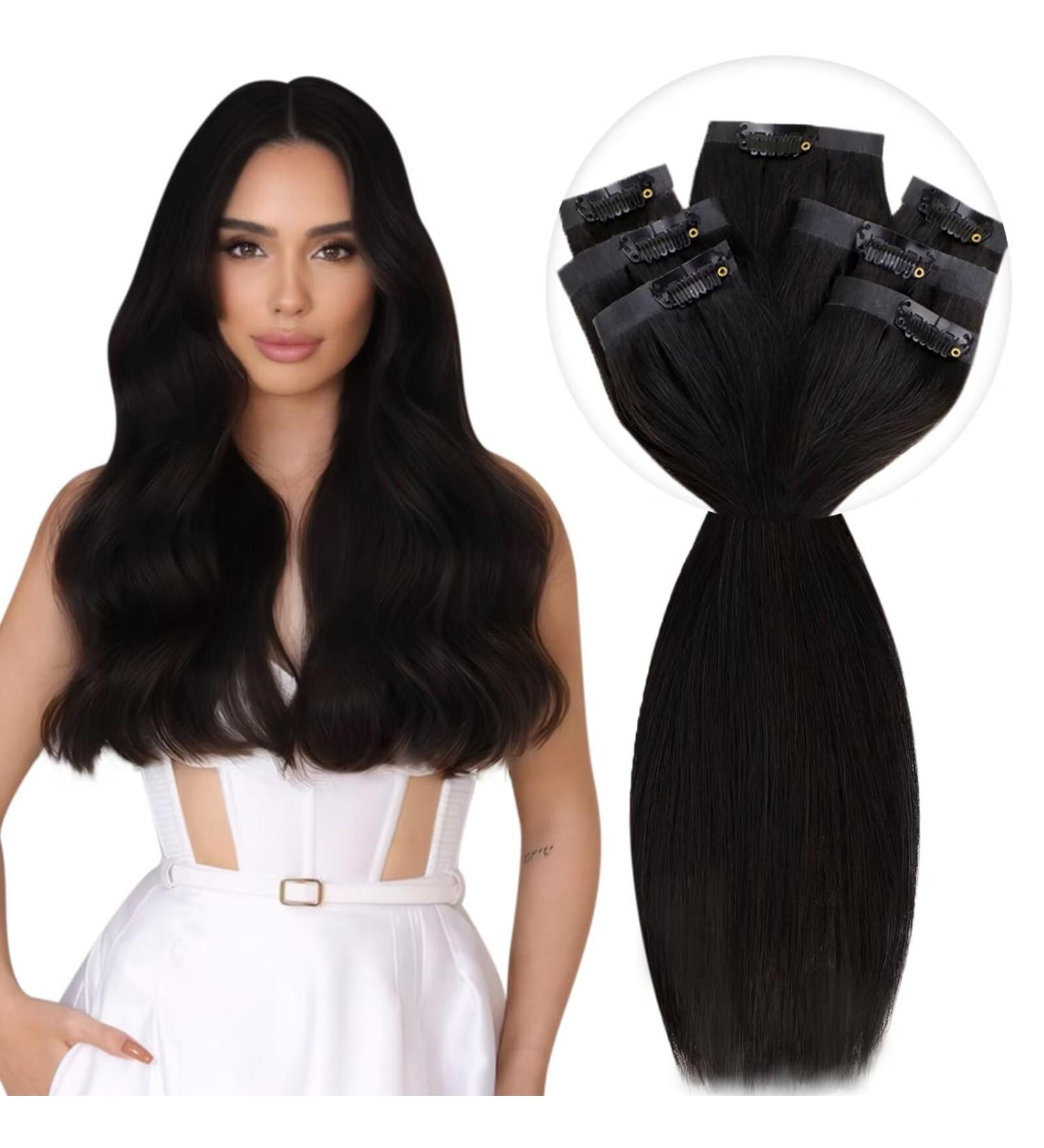 Vivien 16 inch Real Hair Clip-In Extensions - Natural Black PU 7PCs 120g #1B - Premium Quality Hair Extensions - Buy Online on GoSupps.com