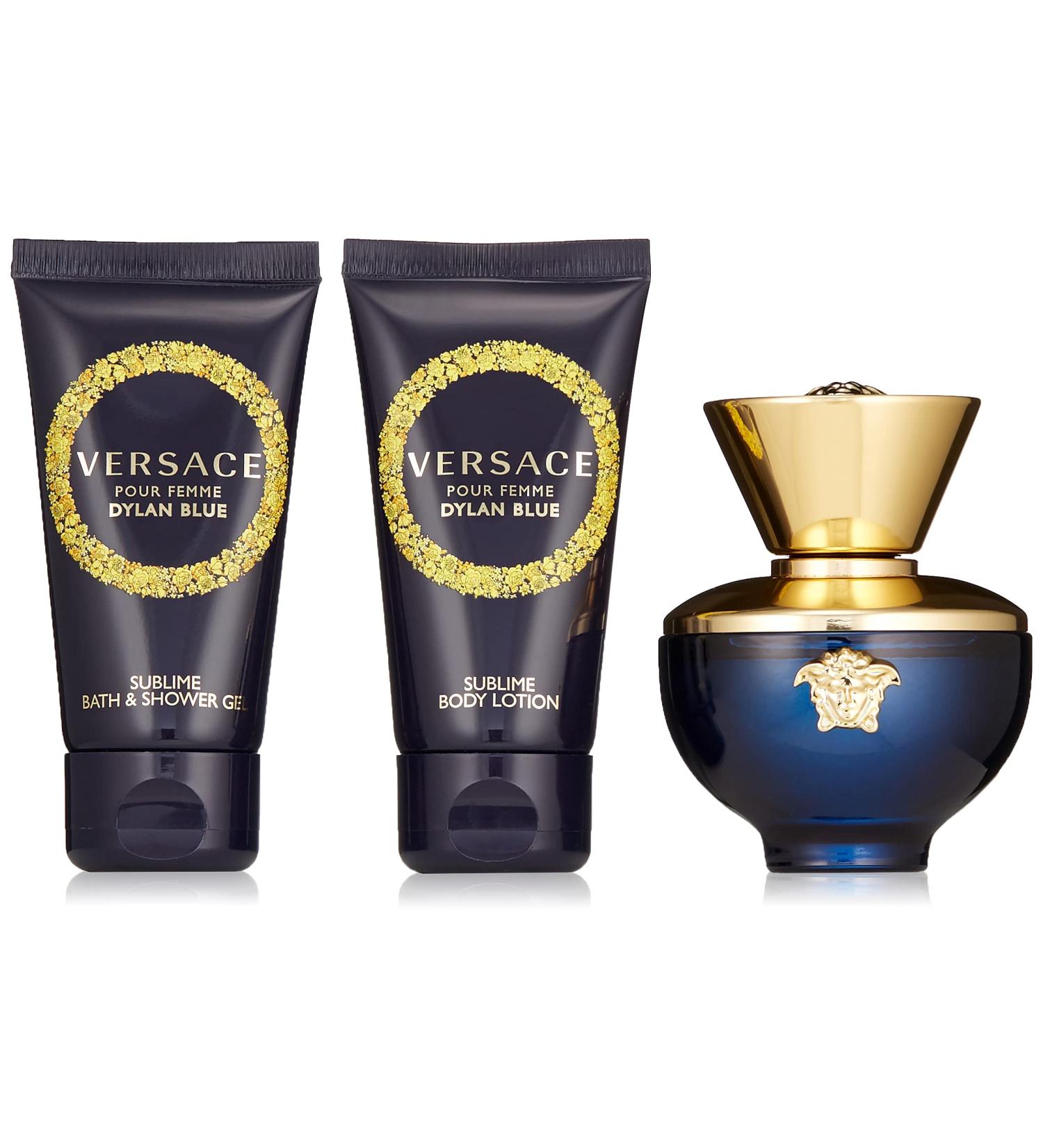 Versace 8011003843770 Dylan Blue By for Women - 3 Pc Gift Set 1.7oz Edp Spray 1.7oz Shower Gel 1.7oz Body Lotion 3 count Gold - Buy Online on GoSupps.com