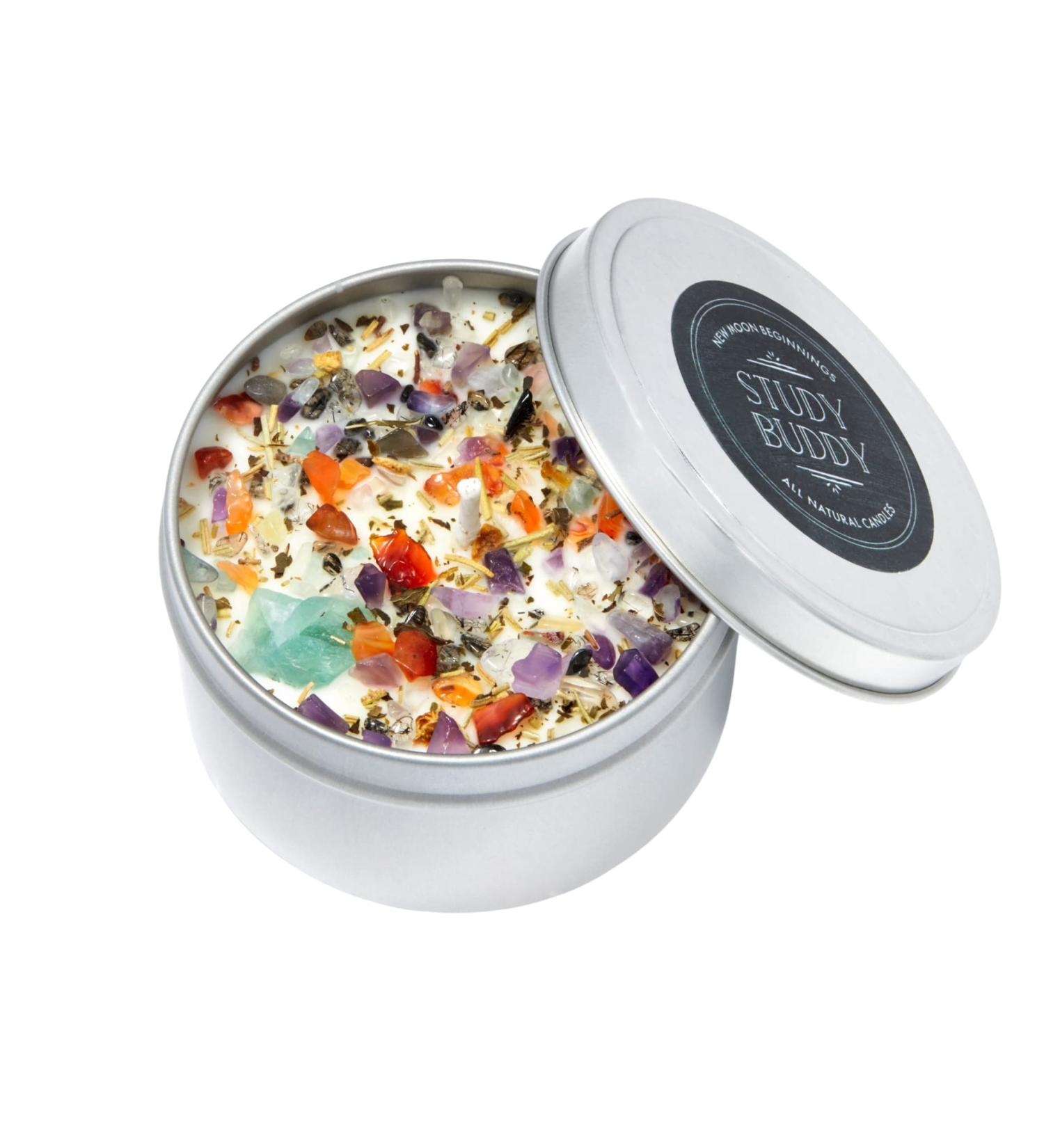 Study Buddy Candles | Focus & Creativity | Herb & Crystal Soy Candles - 8oz Tin - New Moon Beginnings - Buy Online on GoSupps.com