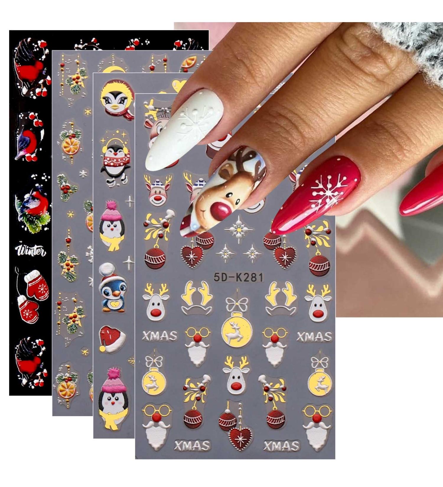3D Christmas Nail Stickers 4 Sheets 5D Self-Adhesive Embossed Nail Decal Cartoon Elk Nail Art Decoration Design Supplies - Buy Online on GoSupps.com