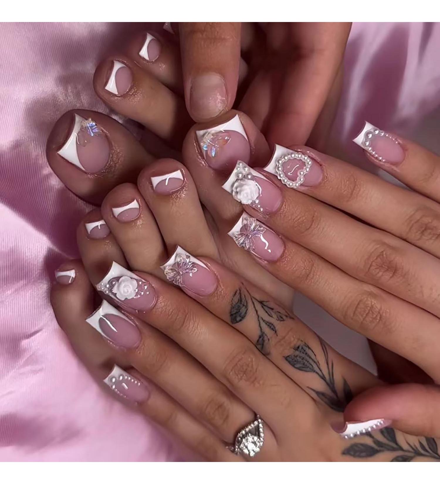 Buy 48Pcs French Tip Press On Nails & Short Fake Toe Nails Set | Square Nails with Bow Flower & Heart Designs - 3D Butterfly White French Toenails for Women & Girls - Perfect Nude Pink Glue-On Nails - Buy Online on GoSupps.com