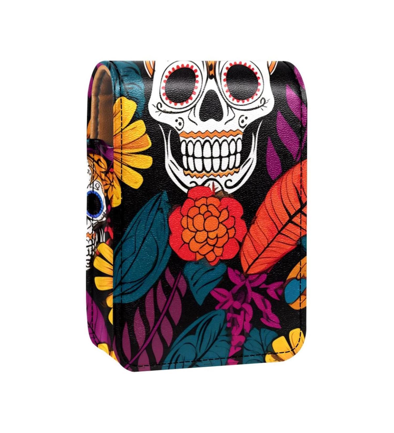 Colorful Skull Leather Lipstick Case Organizer with Mirror | Mini Lip Gloss Holder | Stylish Makeup Storage | R568f8rofn - Buy Online on GoSupps.com