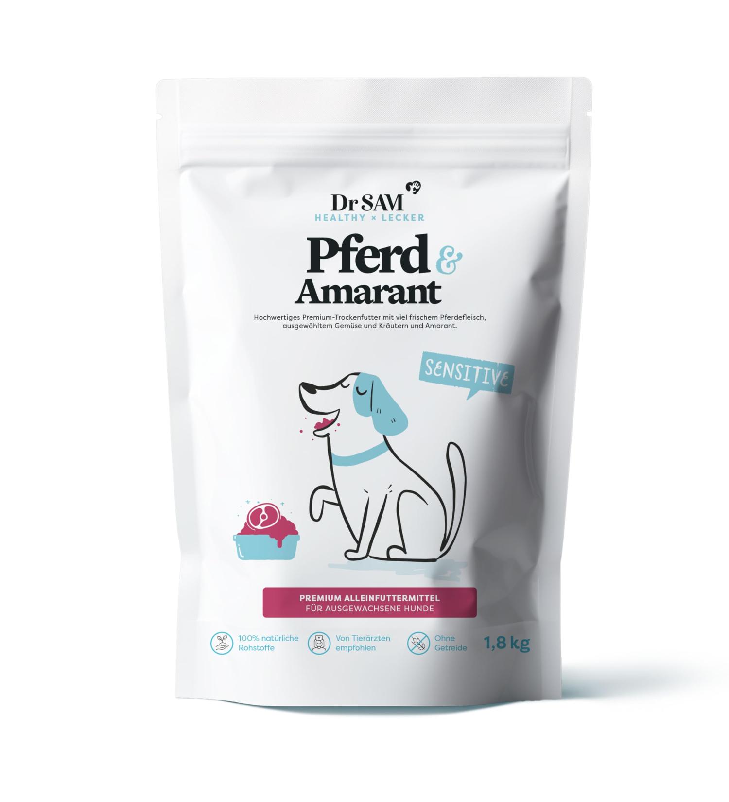 Dr. SAM Premium Dry Food for Adult Dogs - Complete Horse Food with Amaranth and Herb Blend - Ideal for Sensitive Stomachs - Gluten and Grain Free - Buy Online on GoSupps.com