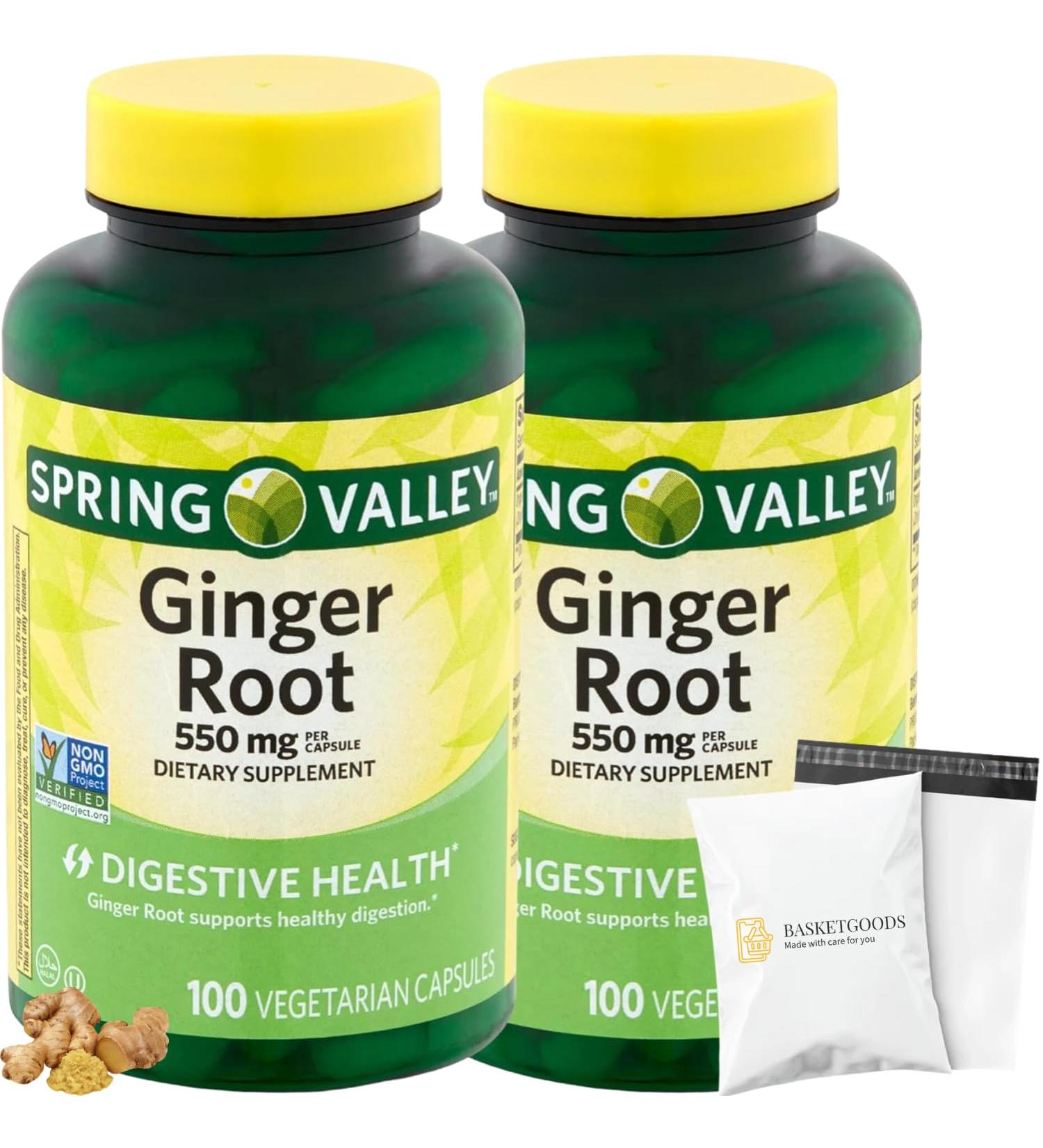 Spring Valley Ginger Root 550mg Dietary Supplement Capsules Digestive Health 100 Count per Bottle (Pack of 2) Set with Basket Goods Store Polybag (1) - Buy Online on GoSupps.com