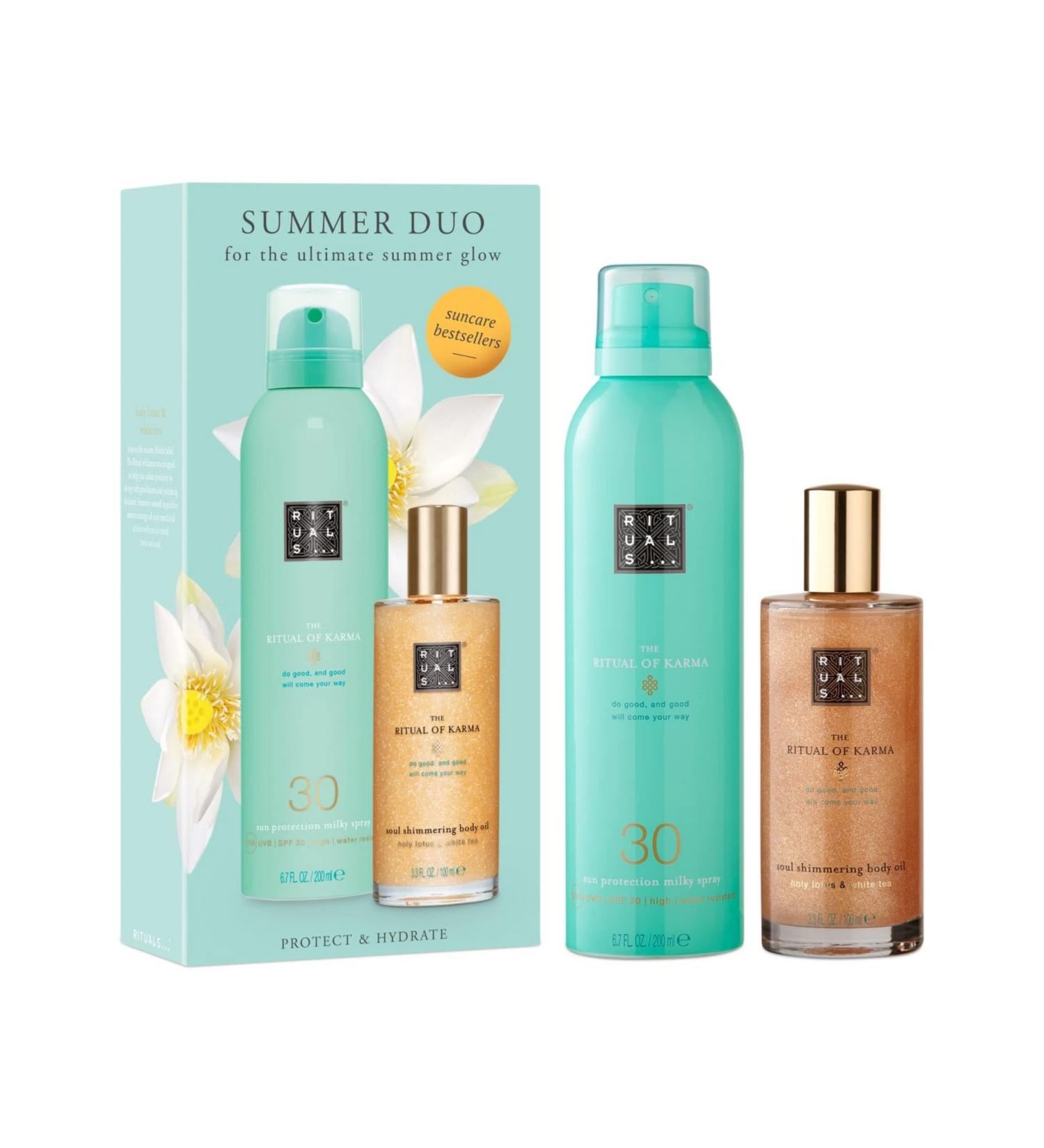 Rituals Gift Set Summer Duo - The Ritual of Karma | Holy Lotus & White Tea | Moisturizing Sunscreen & Shimmering Body Oil - Buy Online on GoSupps.com