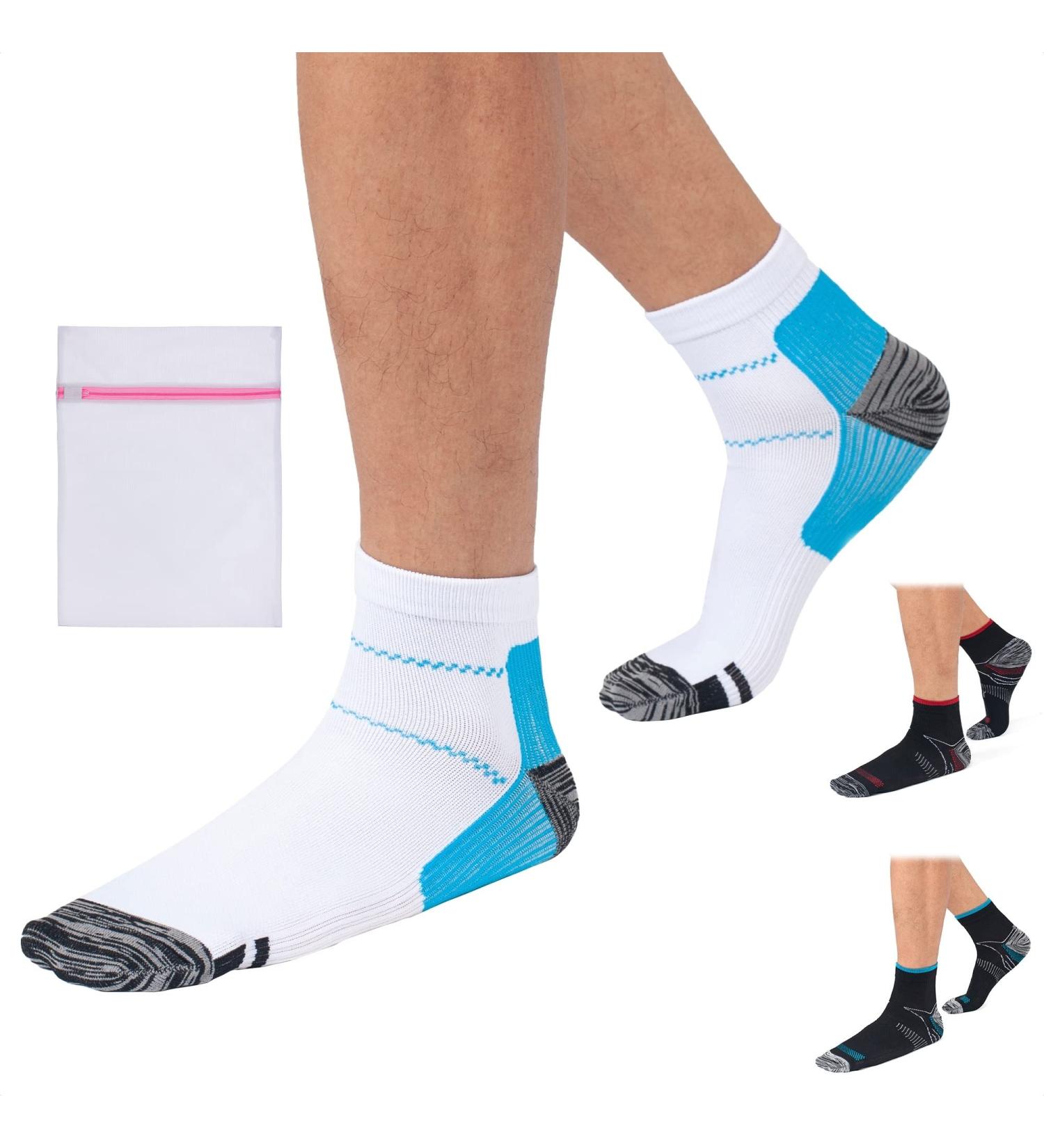 360 RELIEF Compression Ankle Socks - Sprained Ankle Supports for Plantar Fasciitis, Foot Swelling, Heel Spurs, Pregnancy - L/XL White/Blue + Mesh Laundry Bag - Buy Online on GoSupps.com