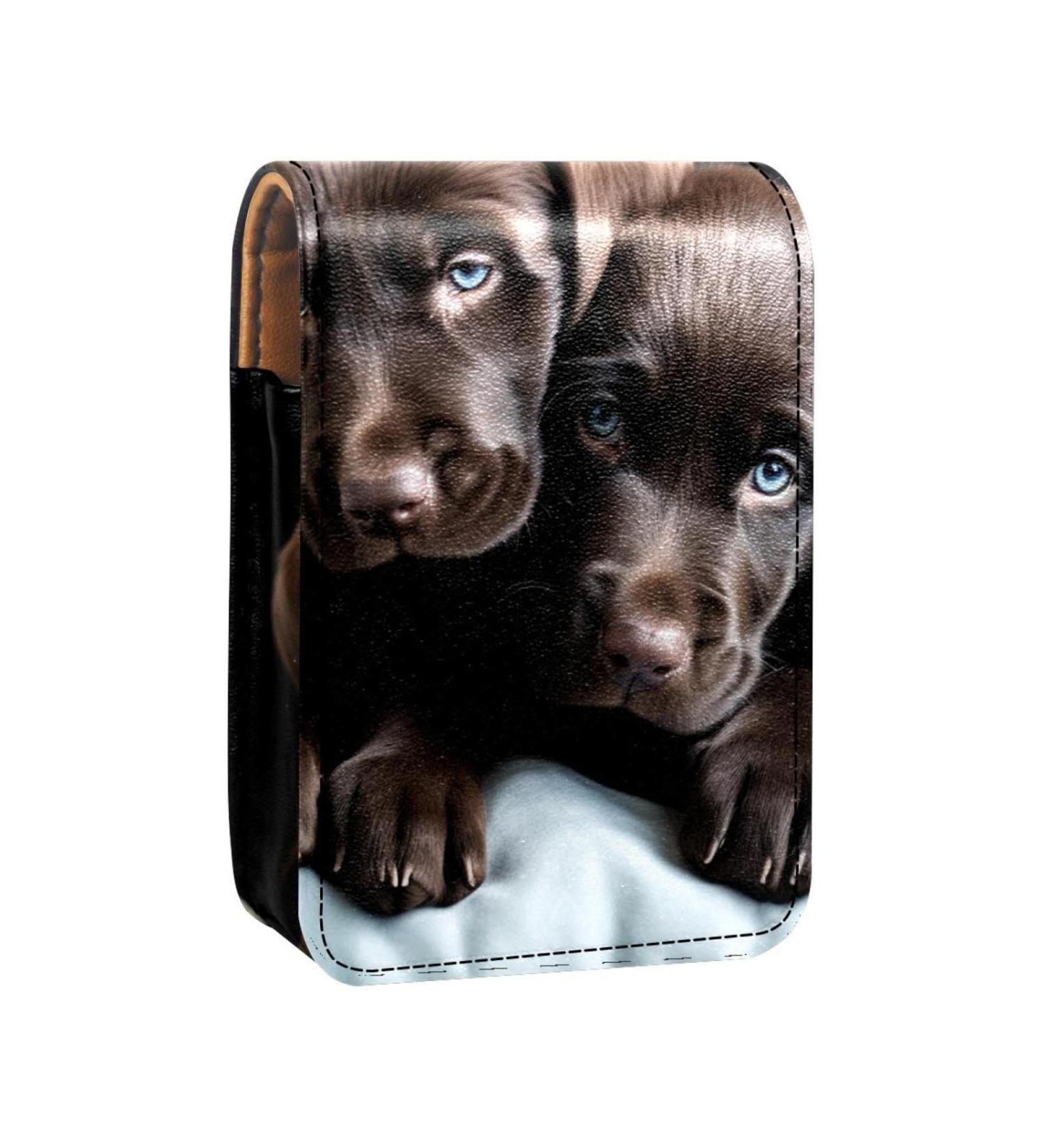 Travel Lipstick Organizer Case | Portable Makeup Bag with Mirror | Black & Gray Puppies Design - Buy Online on GoSupps.com