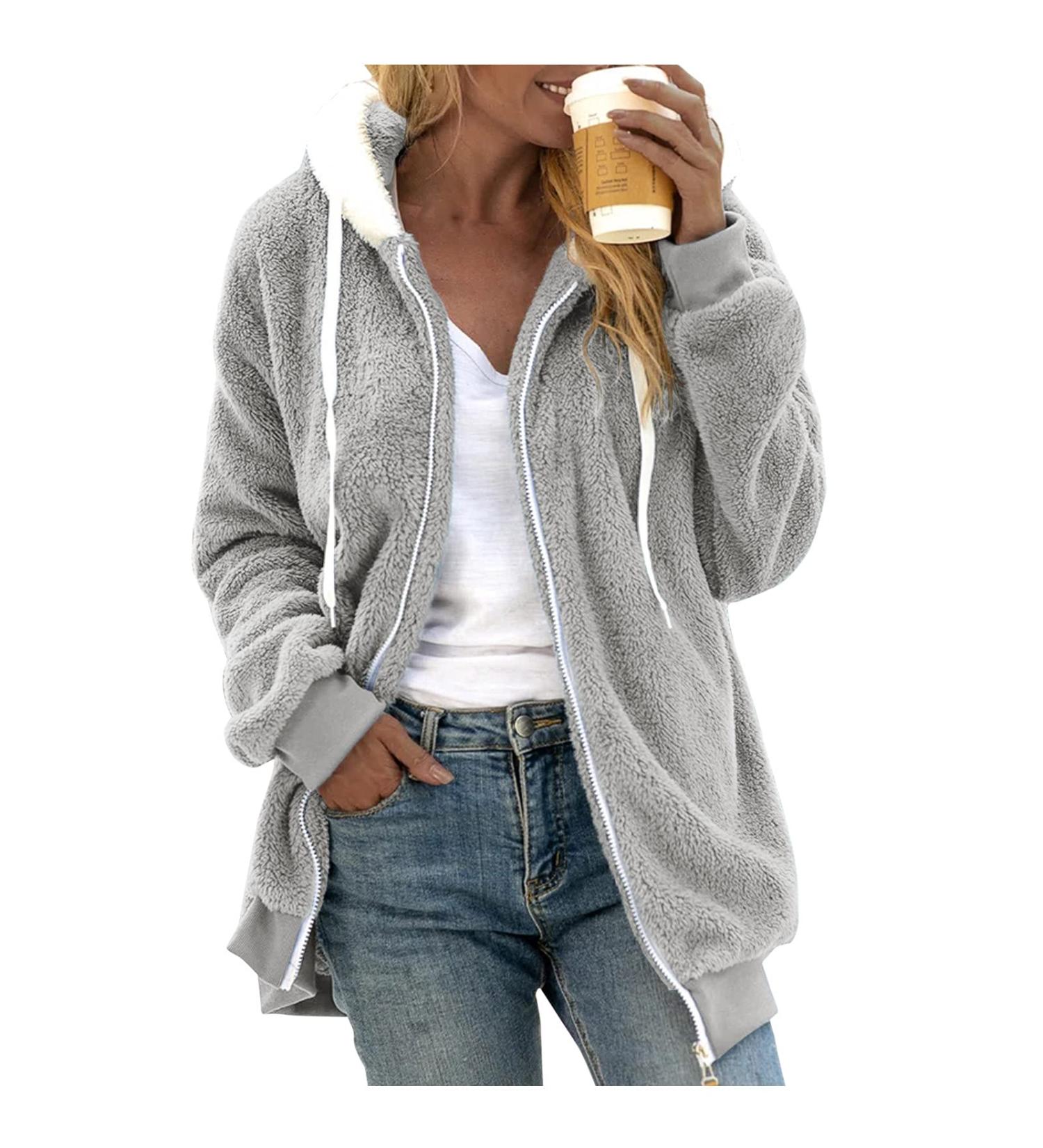 Ronony Teddy Mantel Women's Long Plush Jacket - Stylish Winter Coat with Zip Hoodie Fleece Teddy Jacket in Gray - Perfect for Cold Weather - Buy Online on GoSupps.com