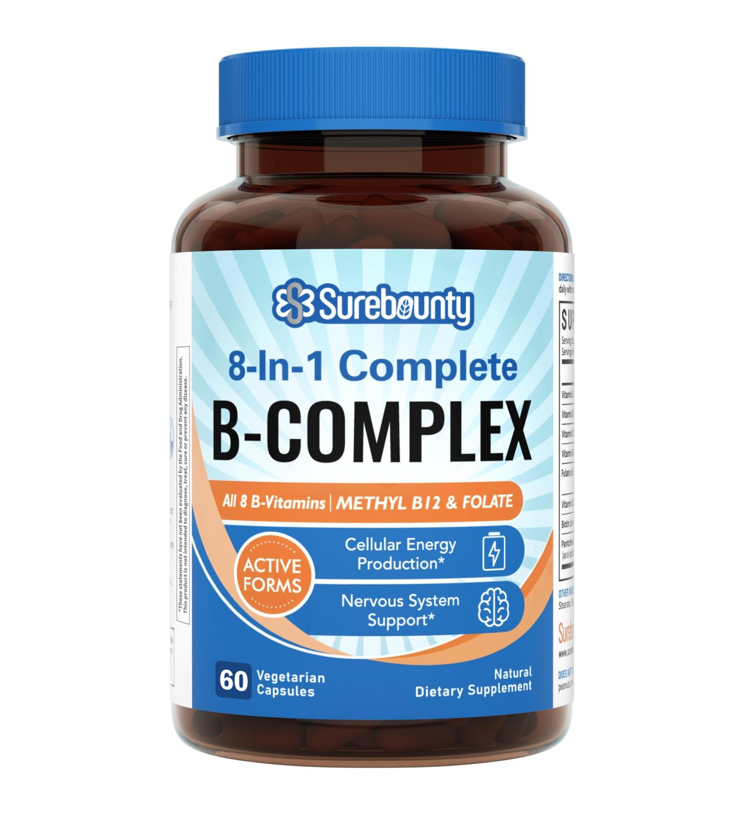 Surebounty 8-in-1 Vitamin B Complex Capsules for Women & Men, Super B Complex Vitamins, B12, B1, B2, B3, B5, B6, B9, Biotin, Folate, Methylated Forms, Energy, Nerve, Blood Support, 60 Caps - Buy Online on GoSupps.com