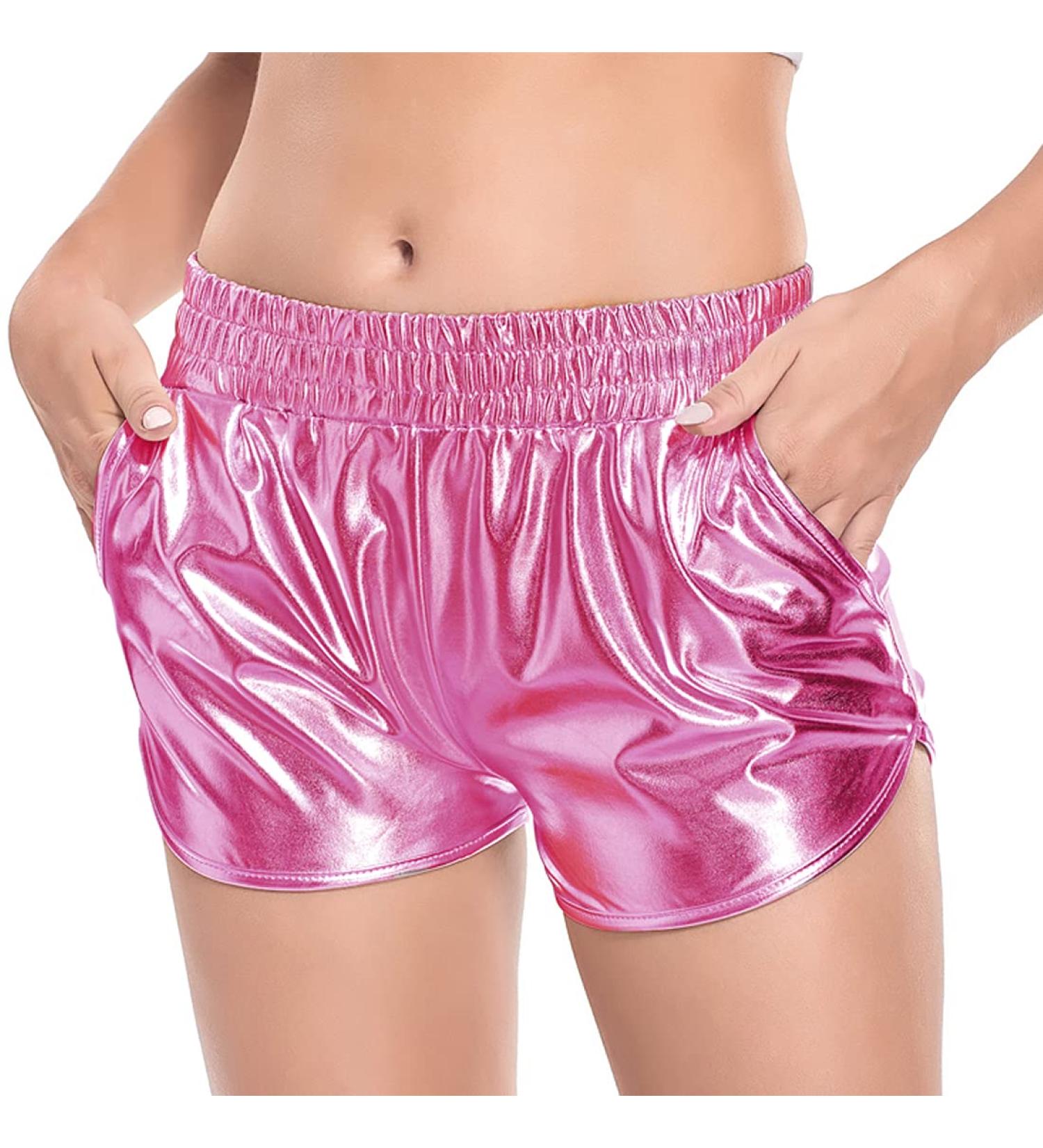 Fenyong Women's Metallic Shiny Shorts - Hot Pink Large | Rave Dance Elastic Waist Pants - Buy Online on GoSupps.com