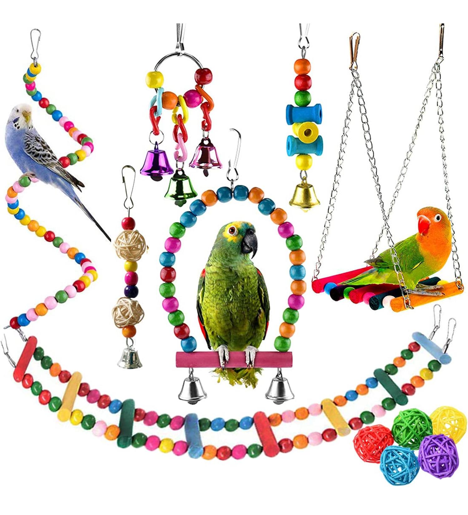 12Pcs Parrot Toys for Small Birds - Hammock Swing, Bell, Chewing Toys - Ideal for Budgies, Cockatiels, Parrots - Finches Accessories - Buy Online on GoSupps.com