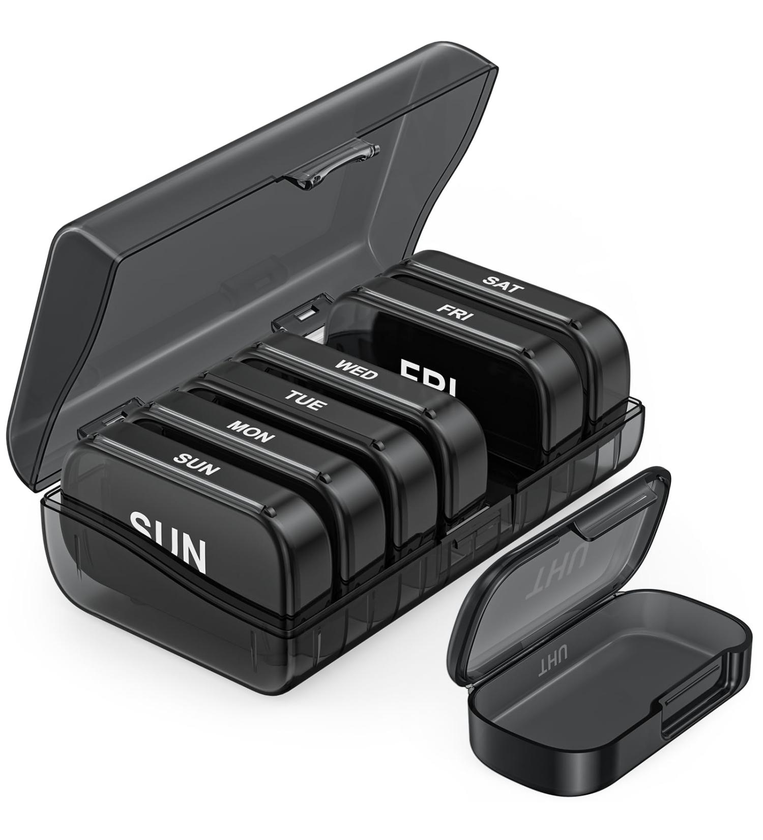 PULIV XL Weekly Pill Organizer - Extra Large 7 Compartment Travel Pill Box | Dual Protection for Medicines Vitamins and Supplements (Black - Buy Online on GoSupps.com