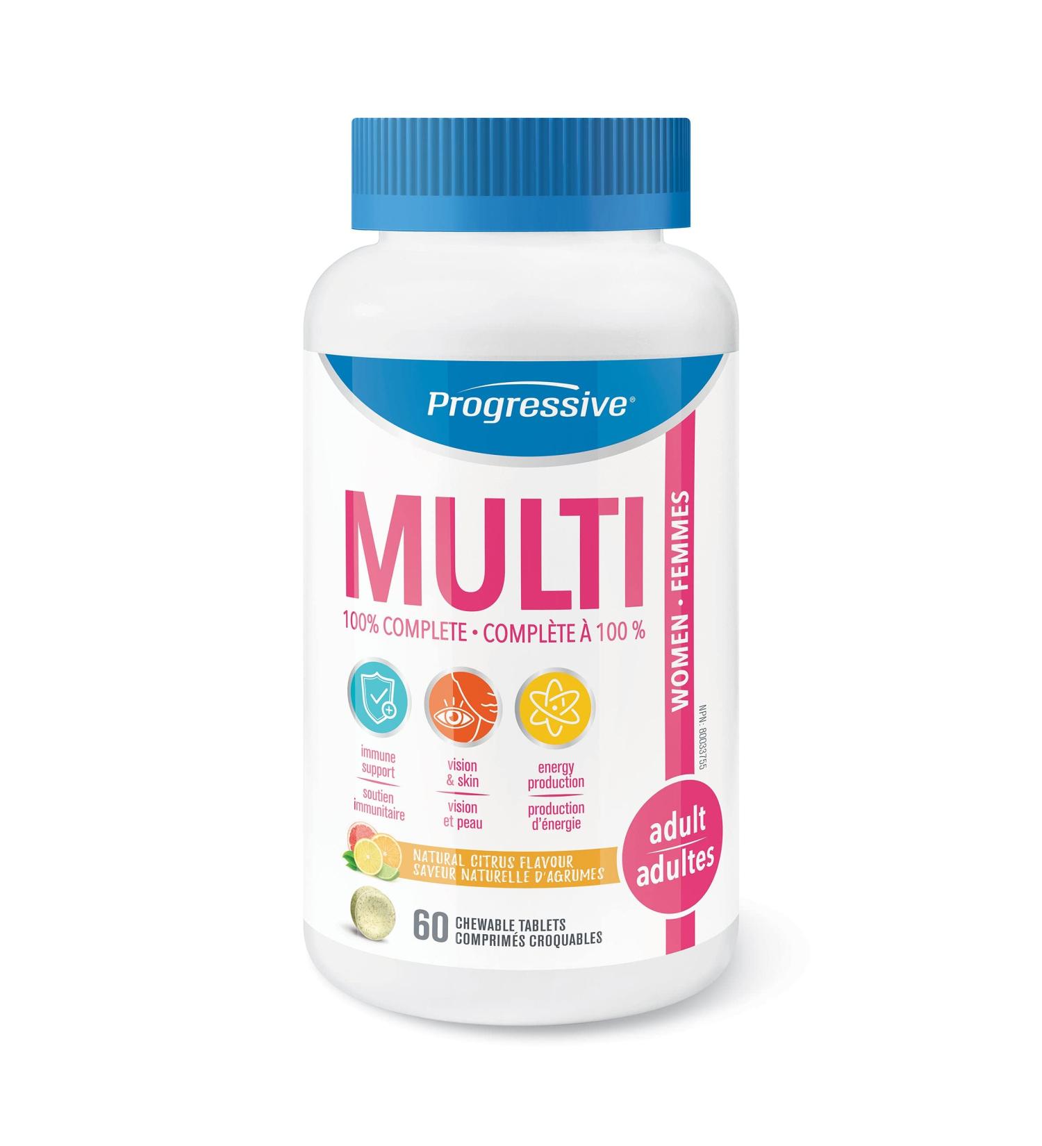 Progressive Adult MultiVitamin for Women - 60 Chewable Tablets | Made with Cranberry Damiana Extract Green Food Concentrates Green Tea CoQ10 Maca Vitamin K2 Vitamin D3 and Glutathione - Buy Online on GoSupps.com