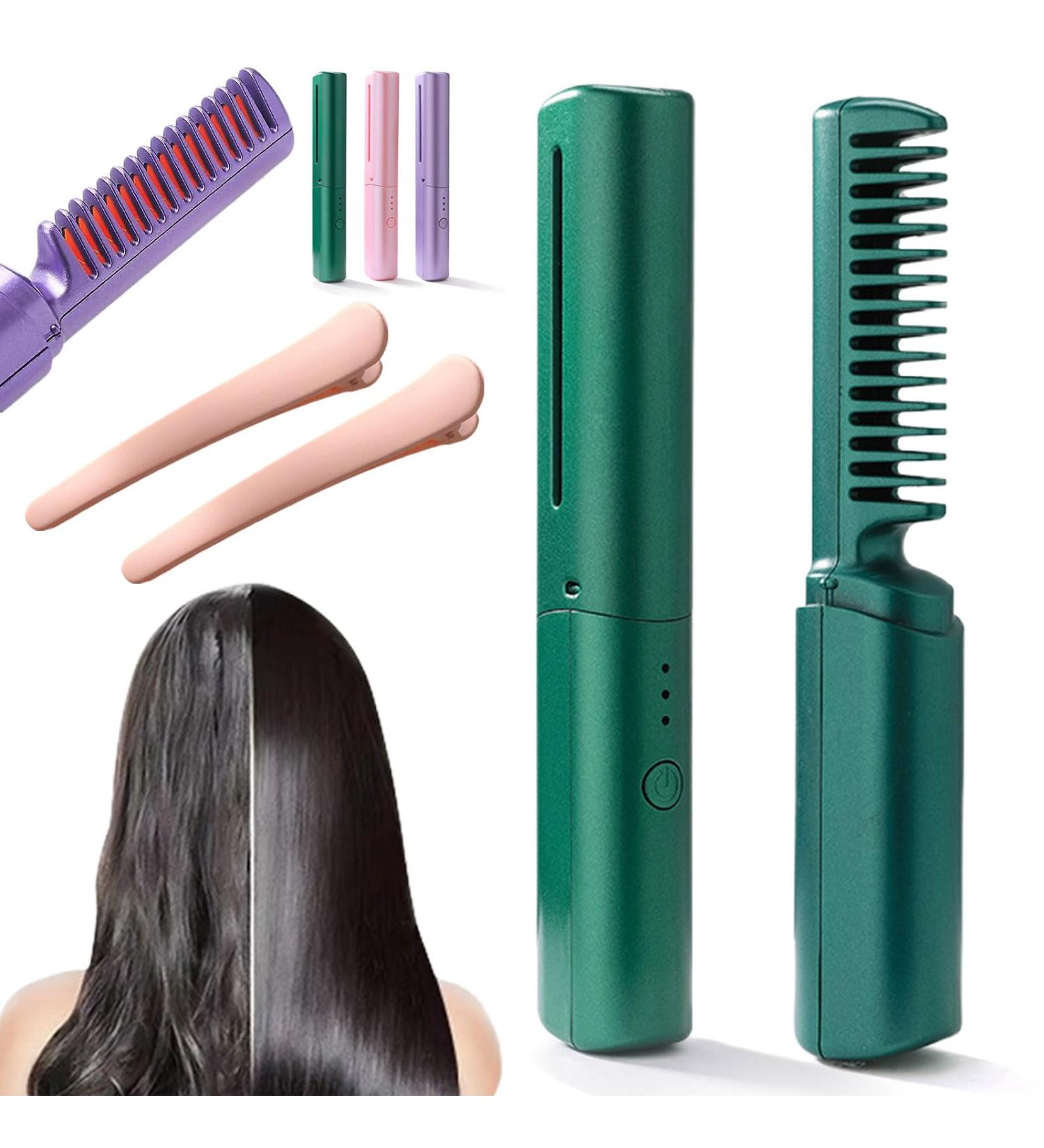 Rechargeable Mini Hair Straightener & Straightening Brush - Portable Cordless Travel Hair Tool with 3 Temperature Settings (Green - Buy Online on GoSupps.com