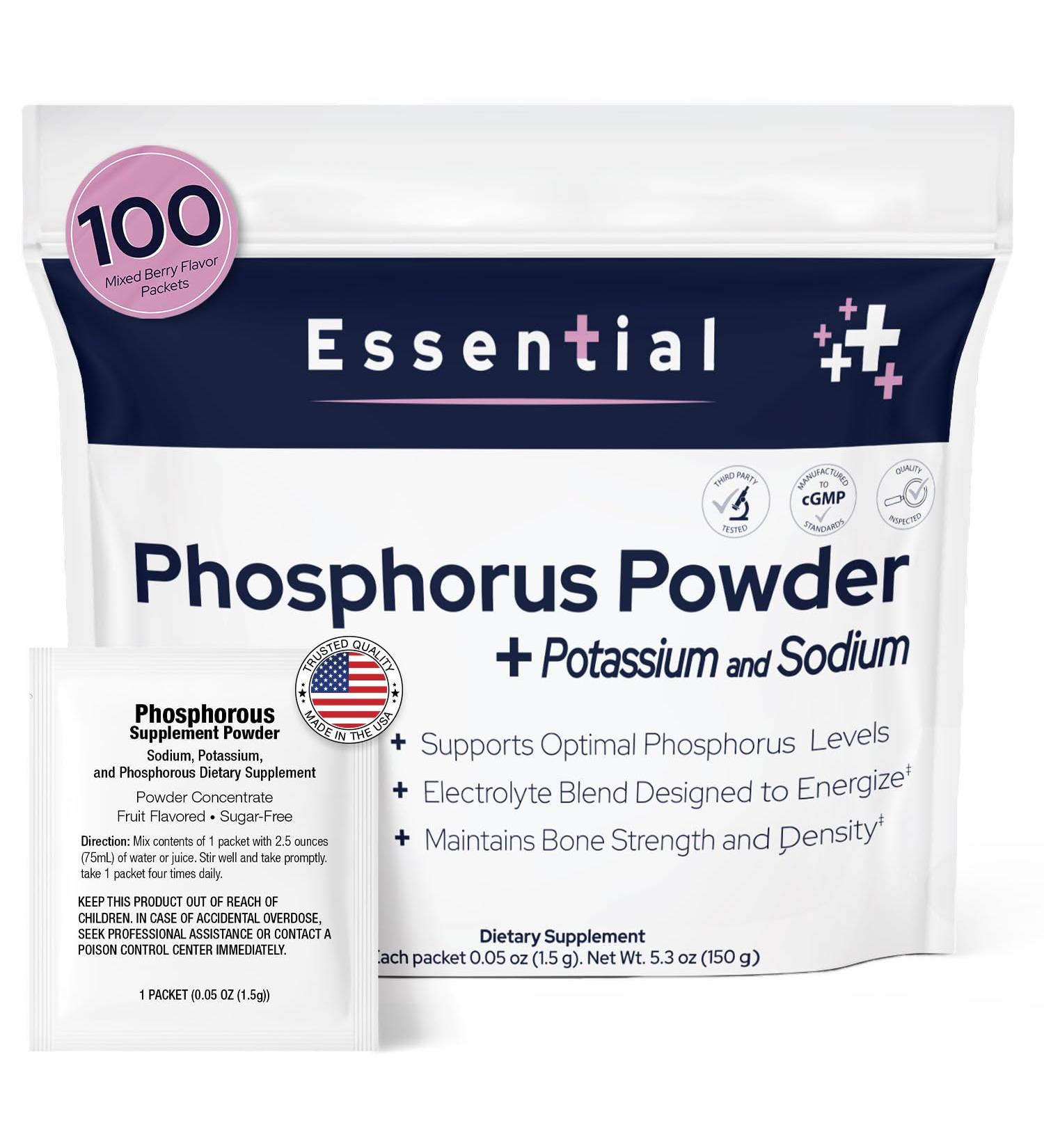 Phosphorus Supplements 100 Packets Dietary Supplements Powder with Sodium Phosphate and Potassium Phosphate Fruit Flavored Phosphorous Supplement Powder for Electrolyte Bone Health & Kidney Health - Buy Online on GoSupps.com