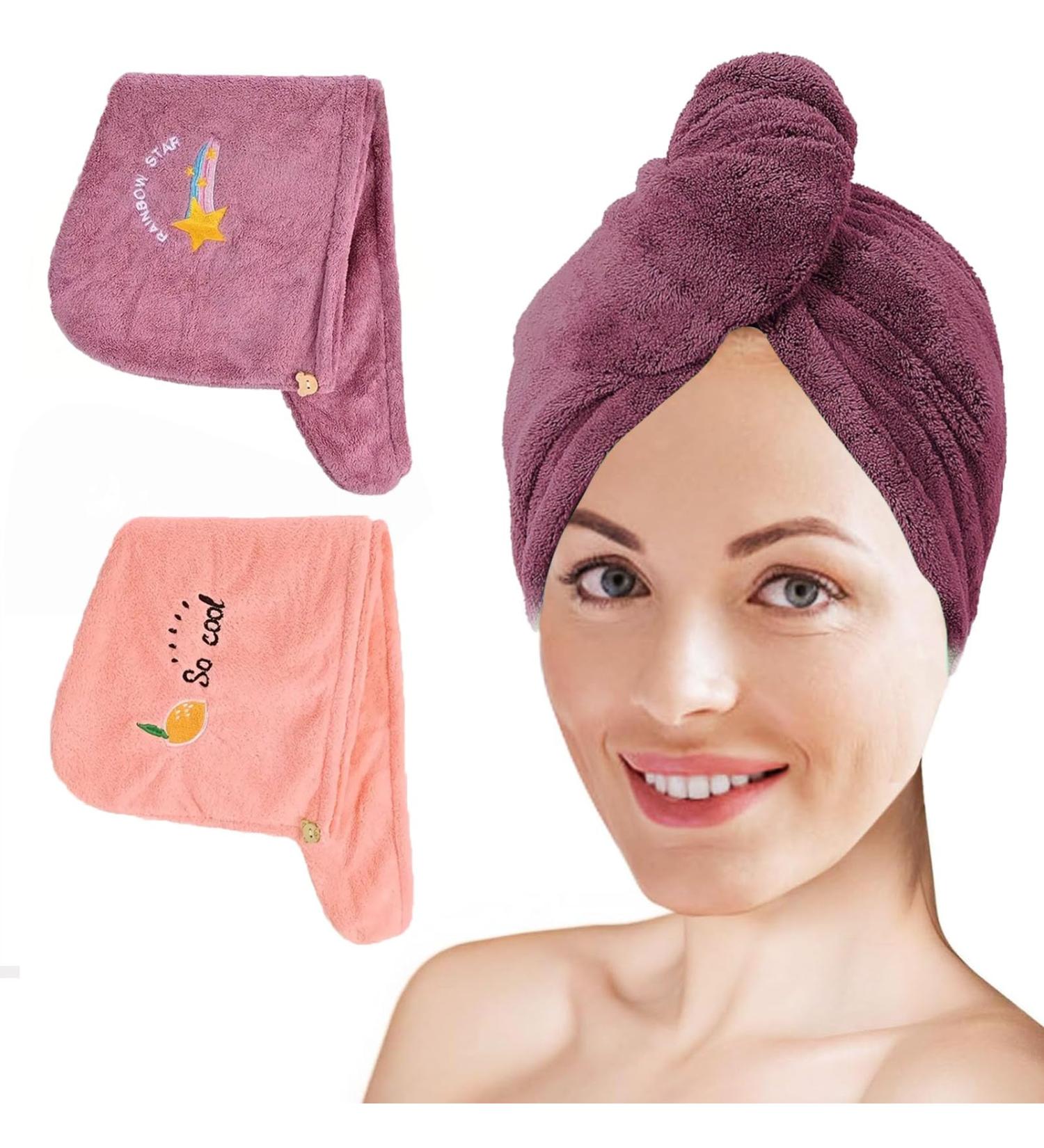 Buy 2 Pack Microfiber Hair Towel Wrap for Women - Super Absorbent Anti-Frizz Fast Drying Turbans for Long Thick Curly Hair - Pink & Purple - Buy Online on GoSupps.com