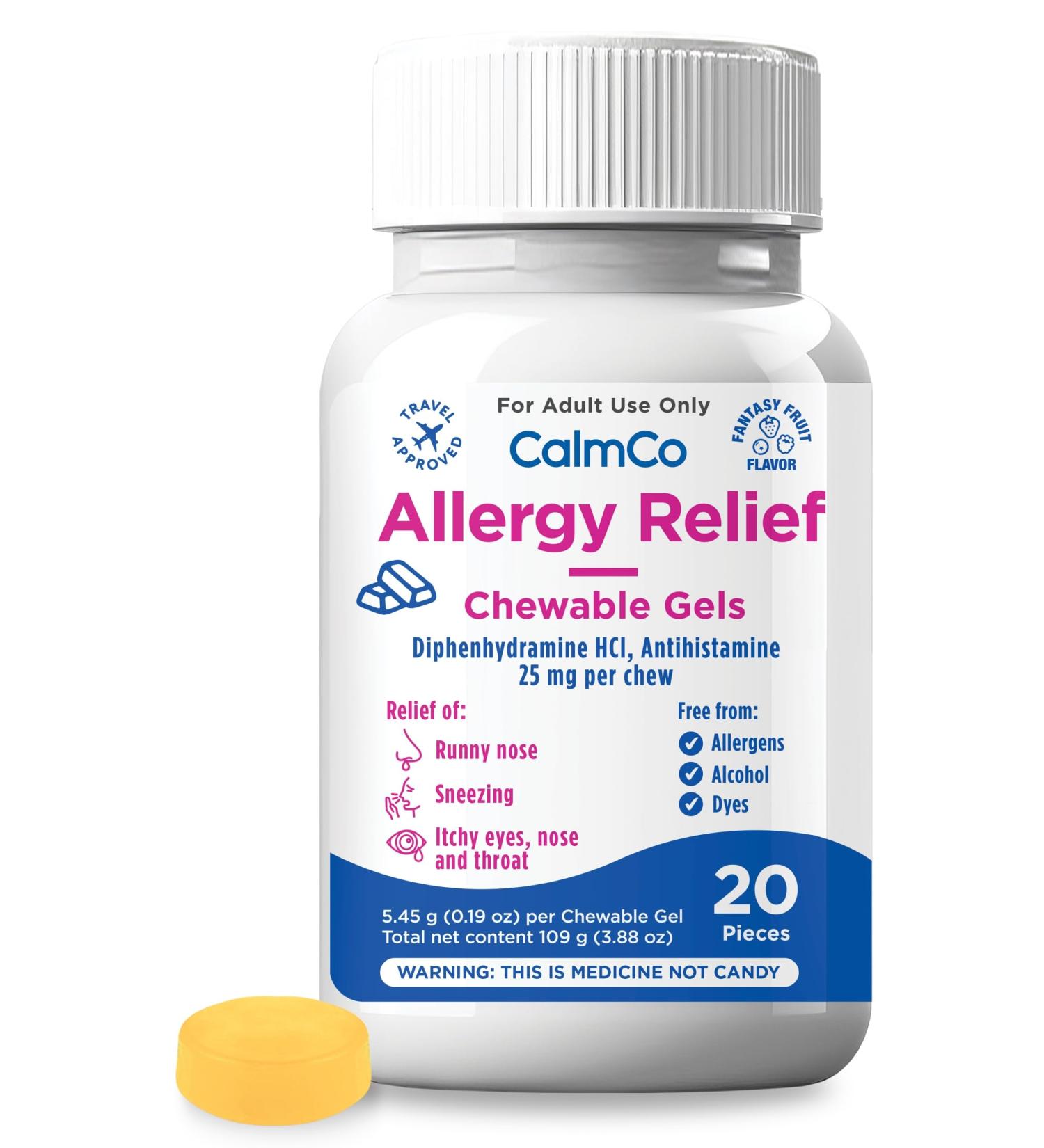 CalmCo Adult Allergy Relief with Diphenhydramine HCl 25 mg - Chewable Antihistamine for Sneezing Runny Nose & Itchy Eyes Nighttime Allergy Medicine for Ages 12+ Fantasy Fruit Flavor 20 Count - Buy Online on GoSupps.com