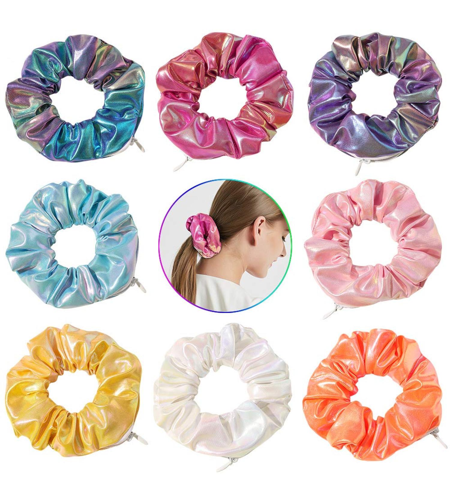 8 Piece Tie Dye Velvet Pocket Hair Scrunchies for Girls and Women with Hidden Zipper Pocket - Colorful and Shiny Elastic Hair Bands for Chapstick and Money Storage - Buy Online on GoSupps.com