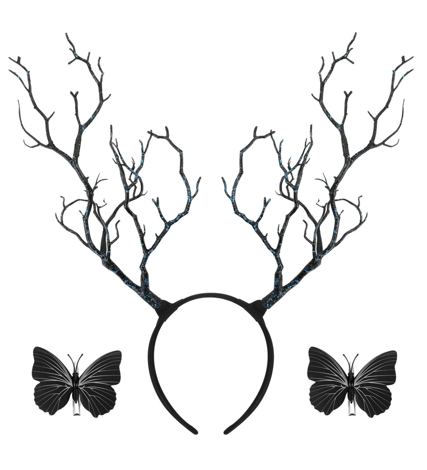 minkissy Womens Headbands Antler Headband Tree Branches Headdress with Butterflies Halloween Deer Horn Cosplay Costume Hair Accessory for Women Womens Hair Accessories Black - Buy Online on GoSupps.com