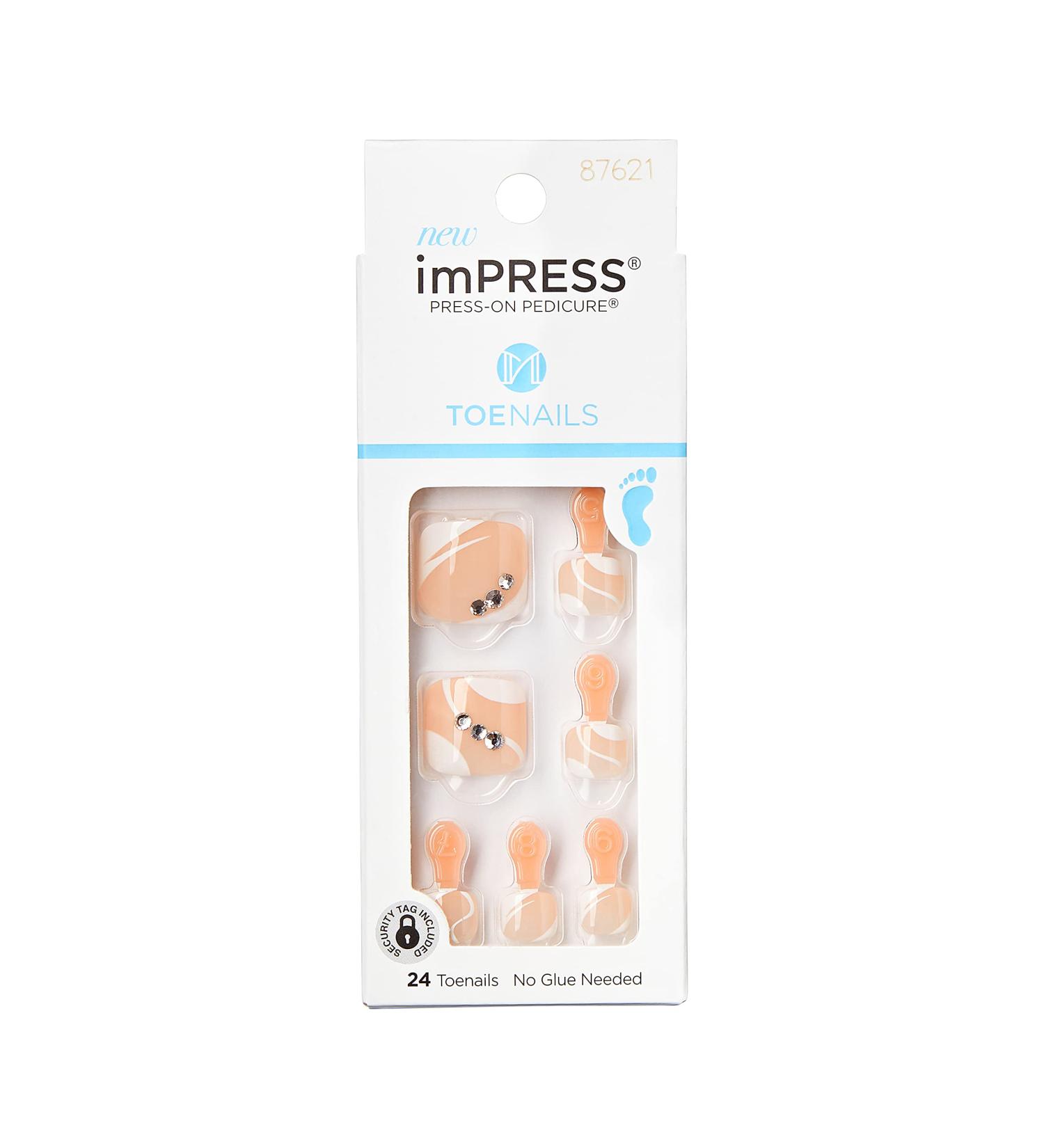 KISS imPRESS Press-On Pedicure Fake Toenails Kit - Square Bejeweled Pink & White Nails with Prep Pad, File, Stick - 24 Nails - Buy Online on GoSupps.com