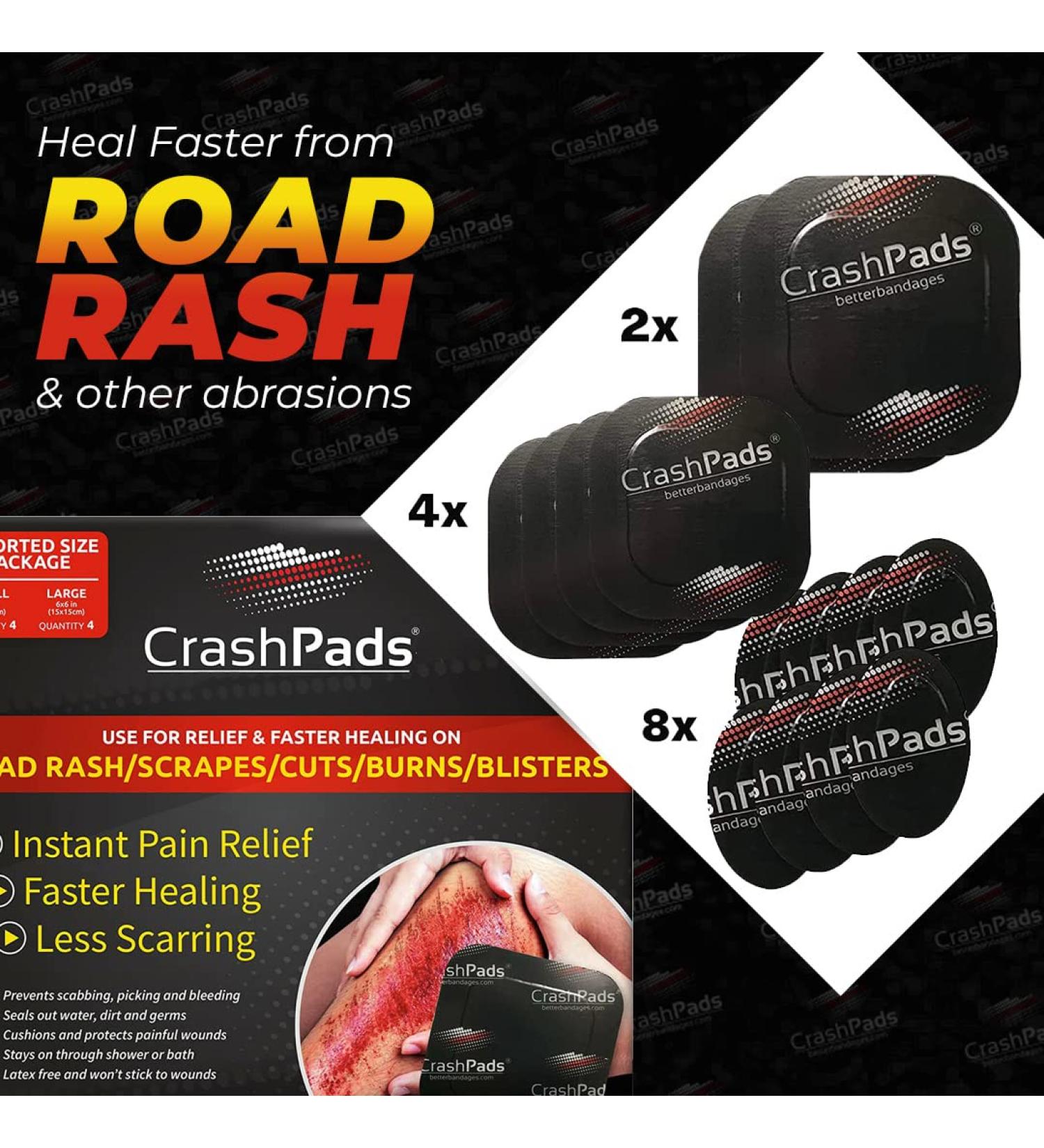 CrashPads Adhesive Bandages for Road Rash & Burns - 14pcs Assorted Sizes in Raspberries (Roadrash Dressing) - Buy Online on GoSupps.com